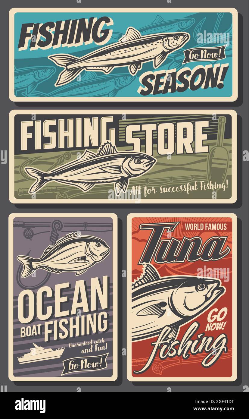Fishing retro banners, vector horse mackerel, gilt head bream, anchovy and  tuna fish. Fisherman equipment store. Ocean boat fishing, rods or spinning  Stock Vector Image & Art - Alamy