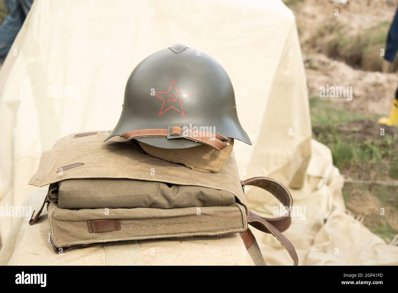 Ammunition helmet, bag and material of soviet union soldier use in world war 2 Stock Photo
