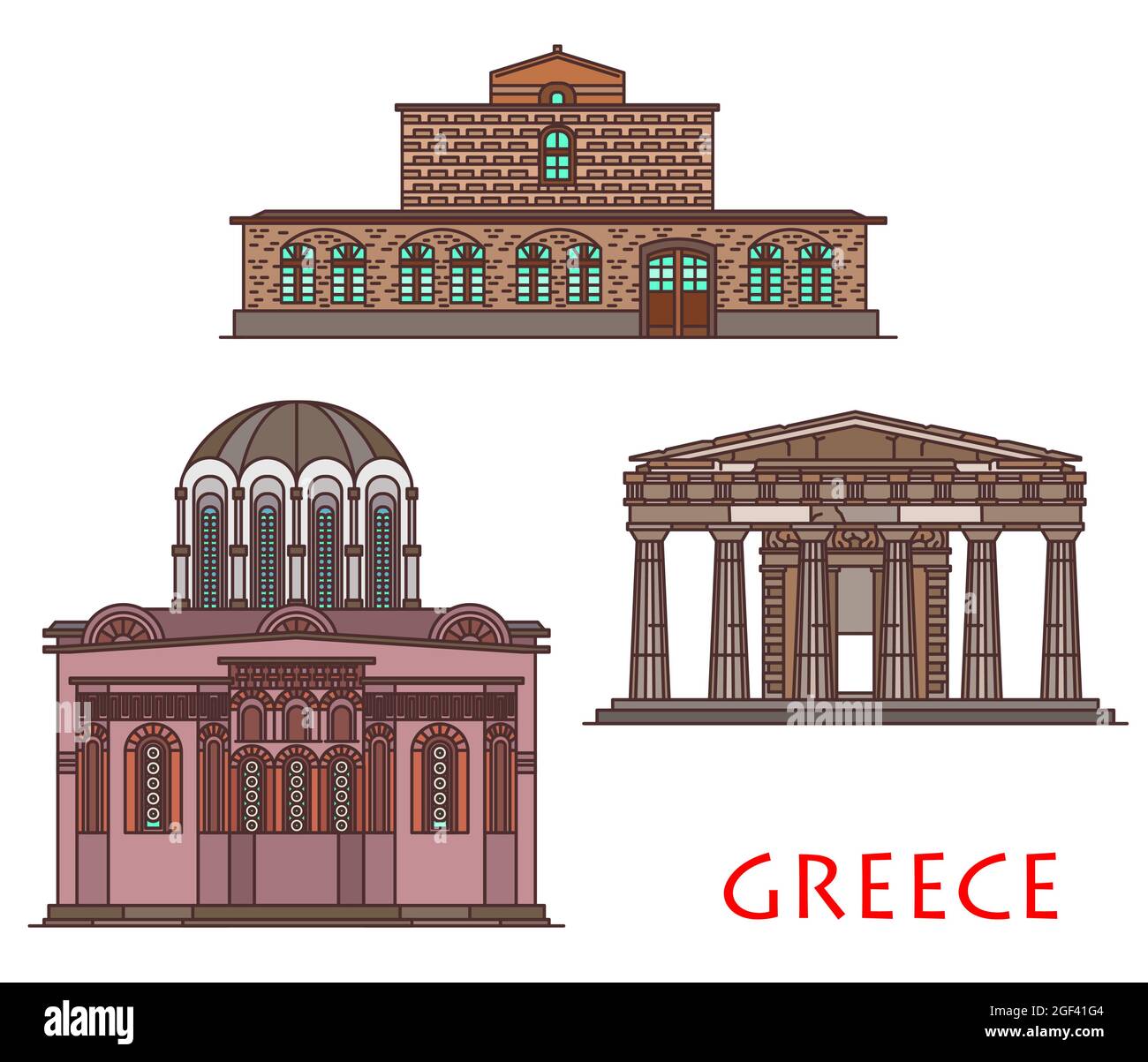 Greece architecture and antique buildings of church or monastery temple, vector travel landmarks. Greek architecture of St Stephen church in Thessaly, Stock Vector