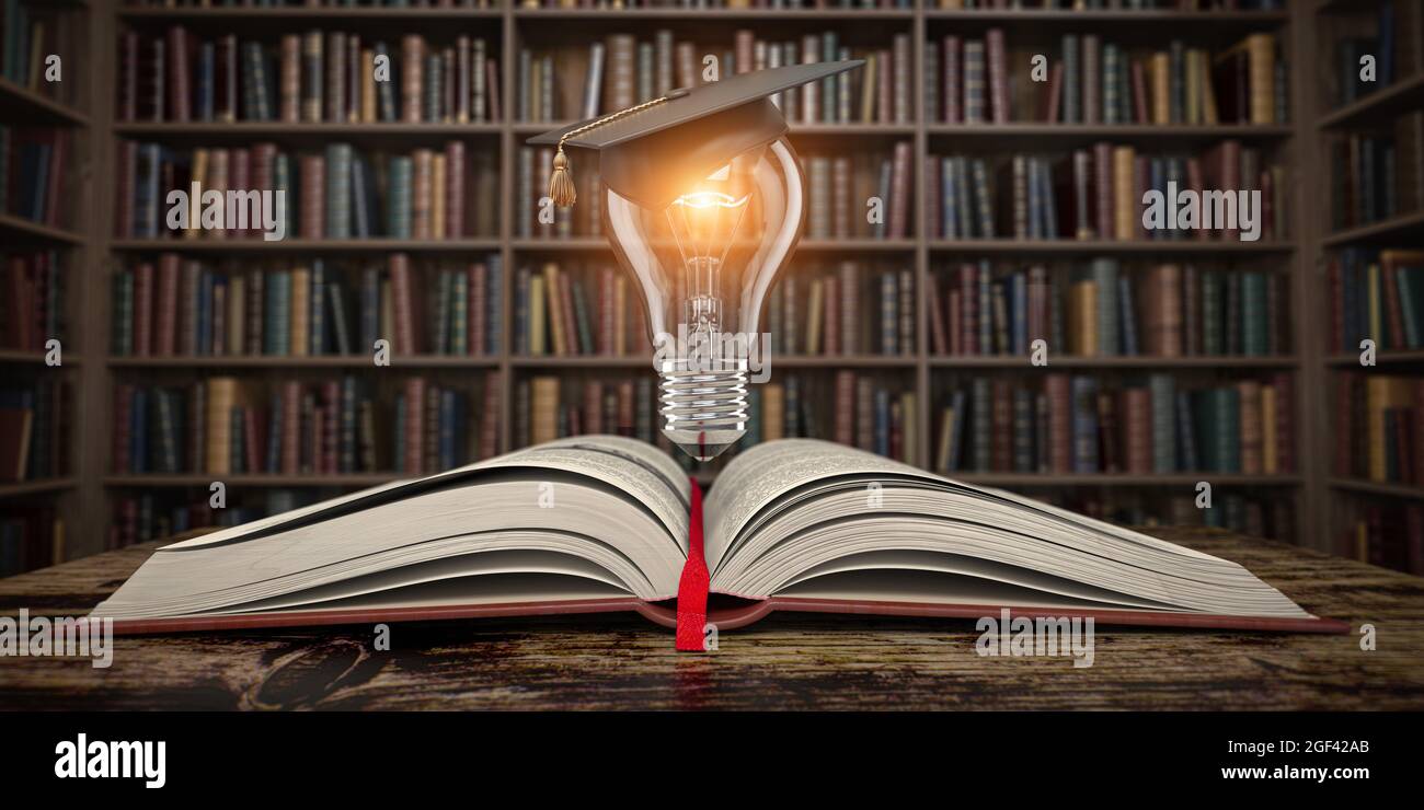 Education, knowledge and innovation concept background. Light bulb with mortar board on open book in vintage library. 3d illustration. Stock Photo