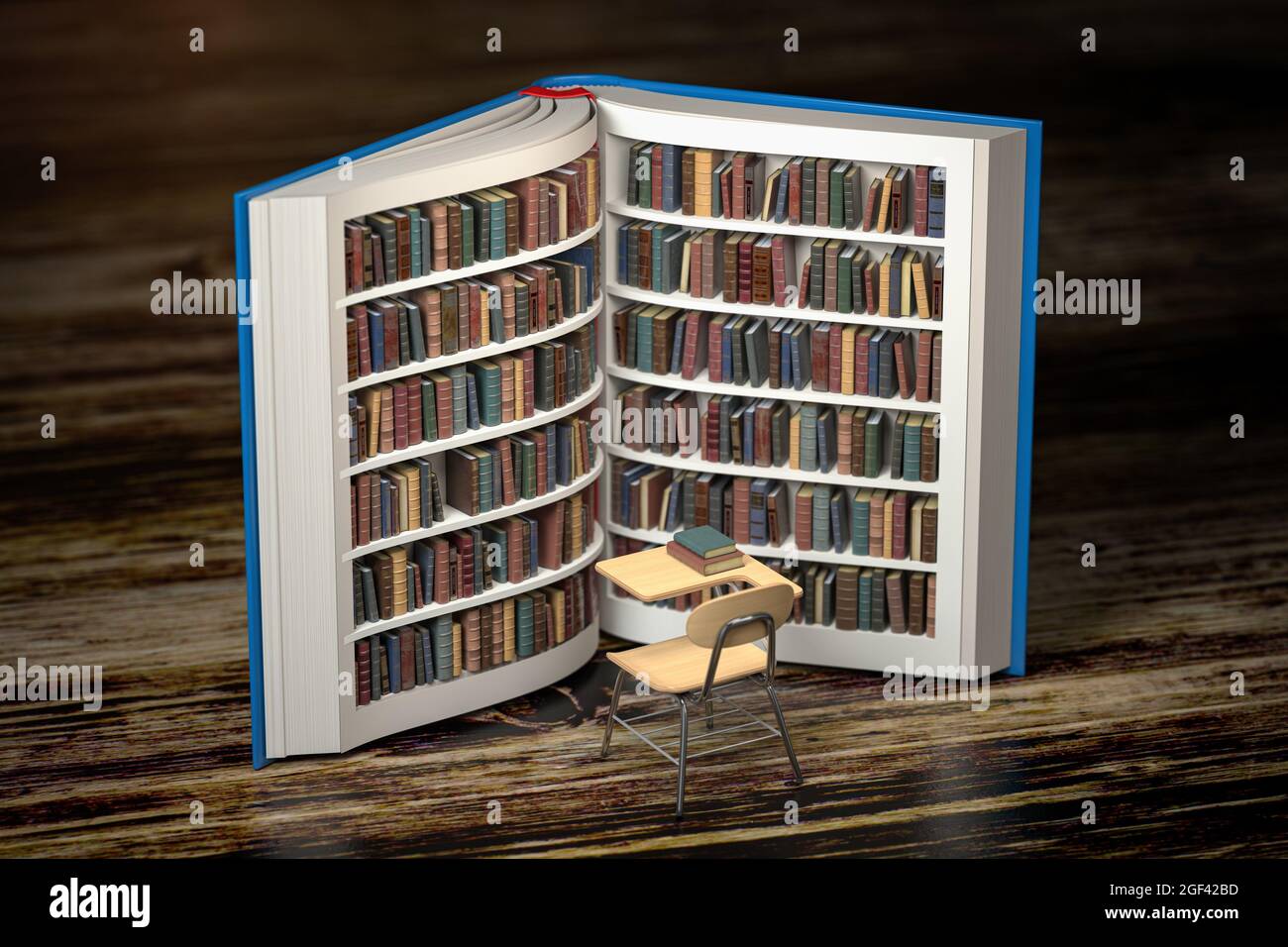 Education, knowledge and learning concept background. Books on bookshelf as book and school desk and chair. 3d illustration. Stock Photo