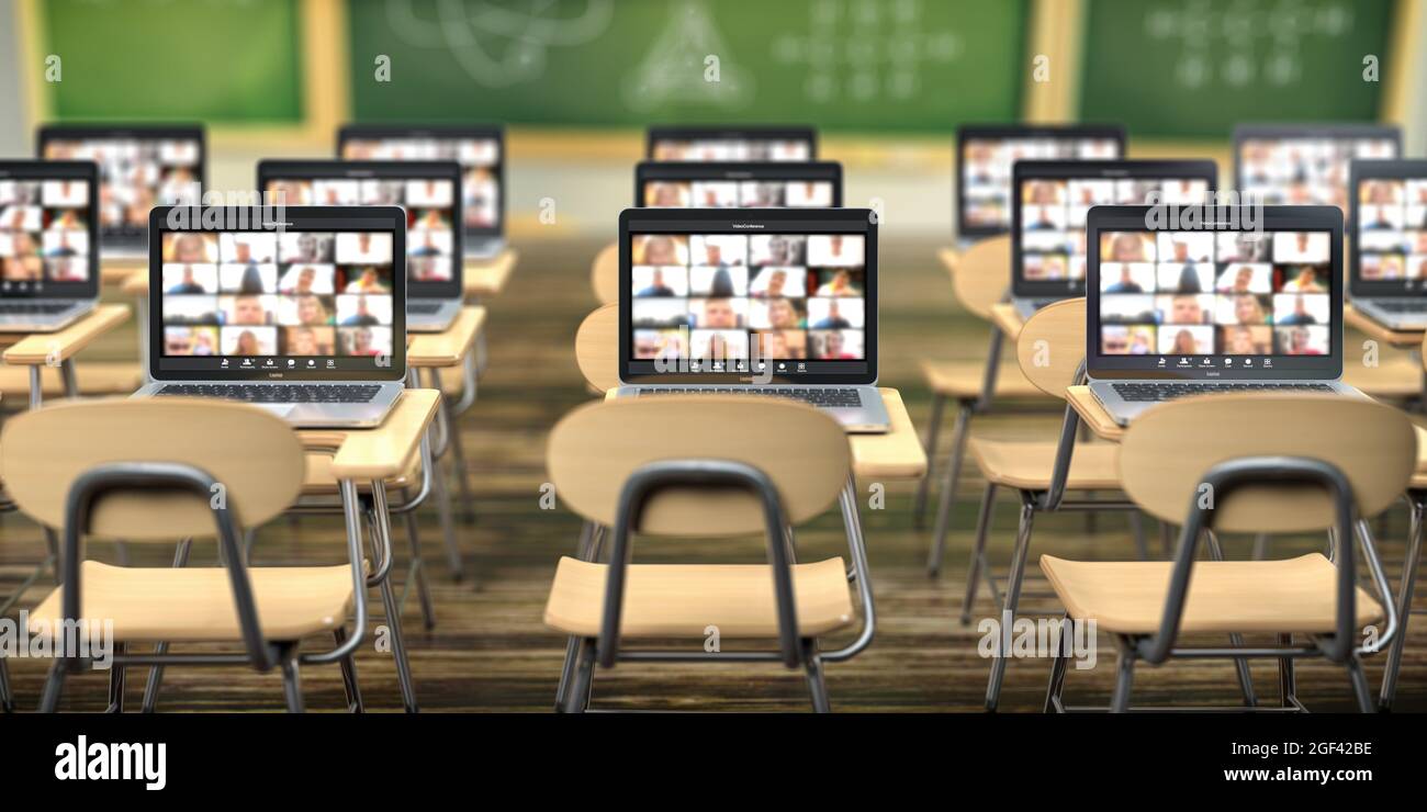 Online education, e-learning concept. Home quarantine distance learning. School desk and laptops with conference app on the screen. 3d illustration. Stock Photo