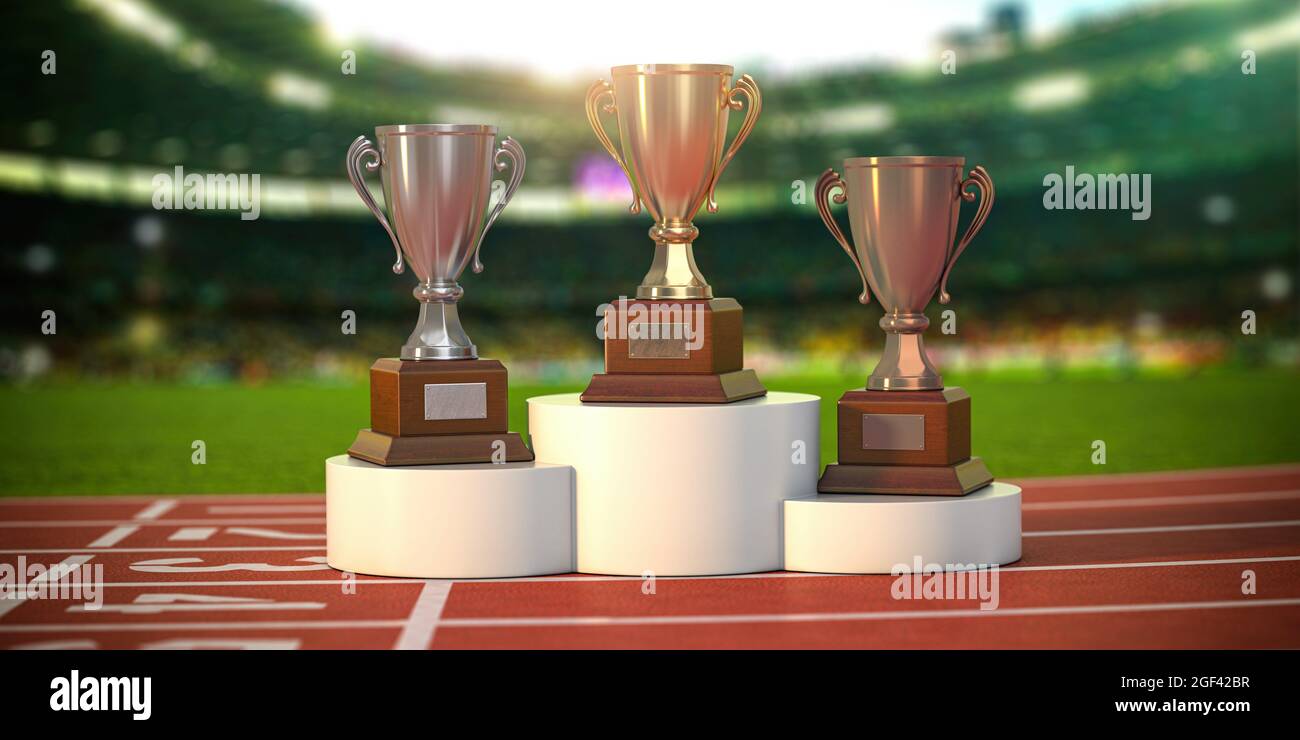 Sport trophy cups on pedestal at the stadium. Competition, championship winners reward. 3d illustration. Stock Photo