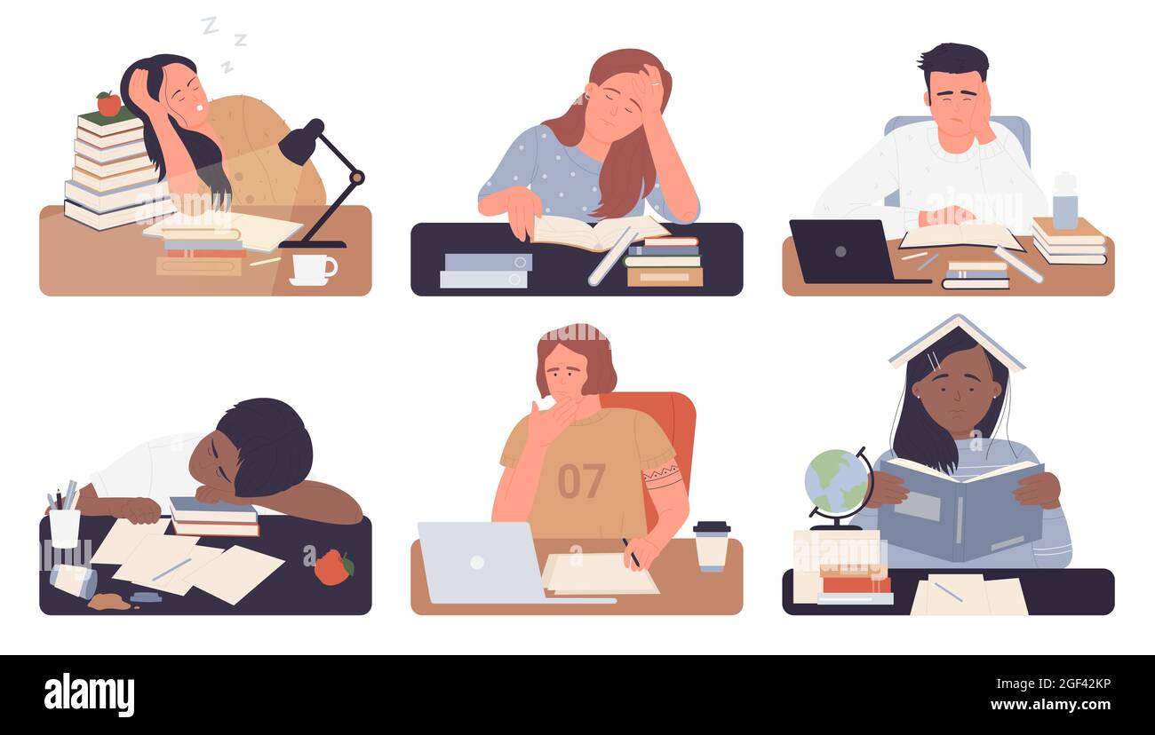 Bored students study vector illustration set isolated. Cartoon young exhausted woman man student characters sitting on desk with books while studying boring doing homework, frustrated people working Stock Vector