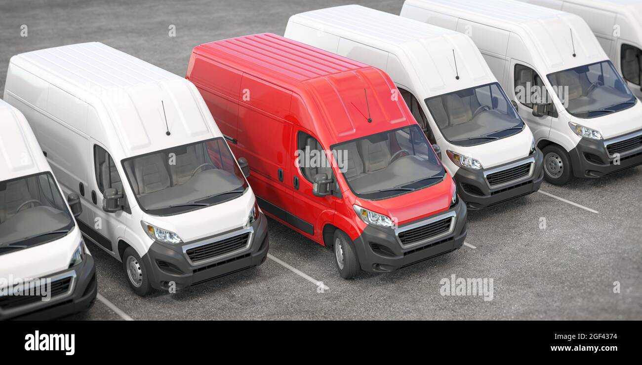 Red delivery van in a row of white vans. Best express delivery and shipemt service concept. 3d illustration. Stock Photo