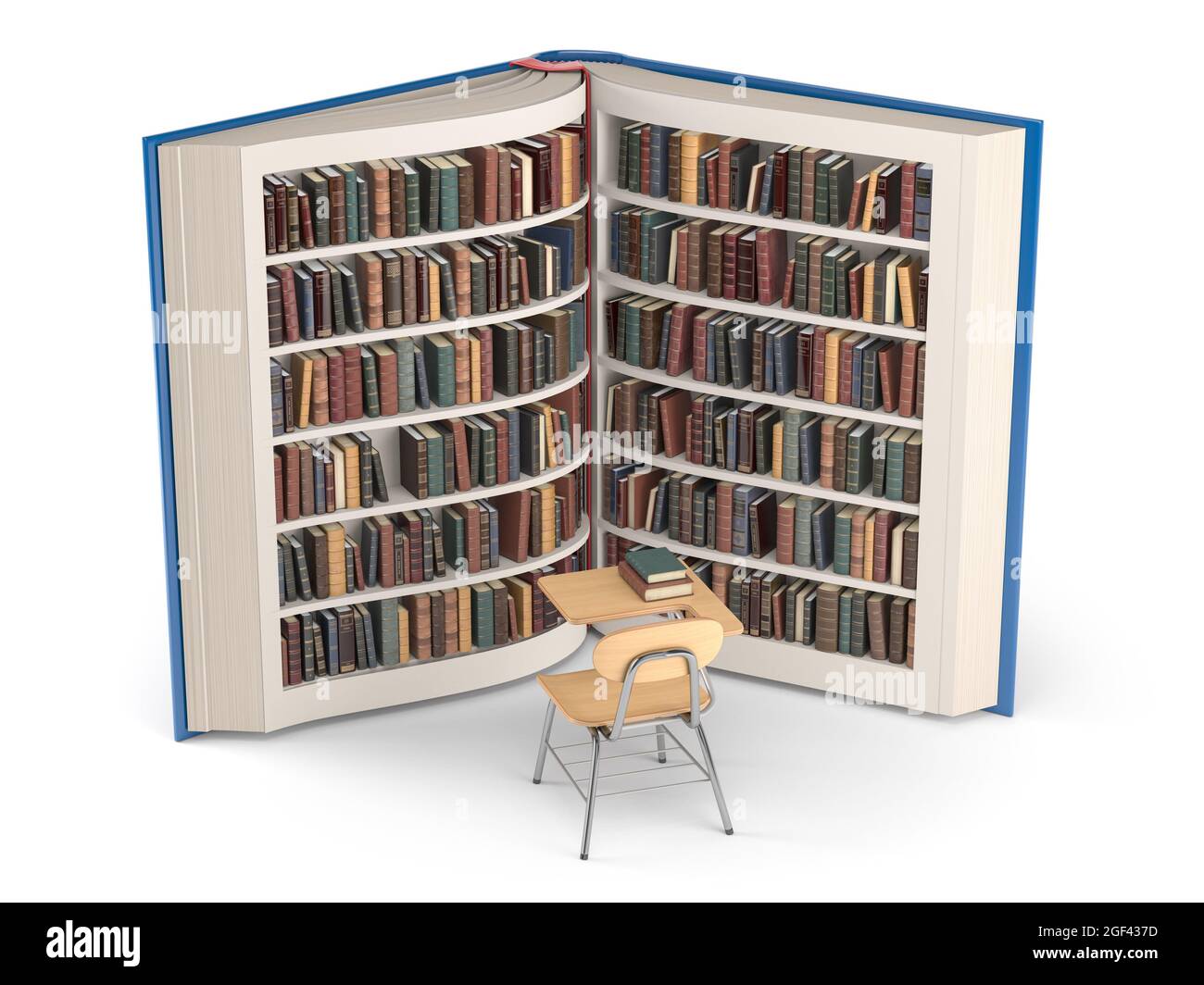 Books on bookshelf as book and school desk and chair isolated on white. Education, knowledge and learning concept background. 3d illustration. Stock Photo