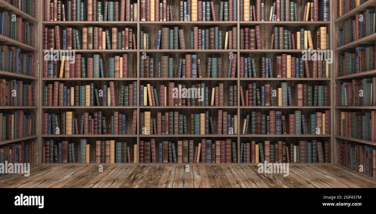 Vintage books on bookshelves in old library. Education and literature concept. 3d illustration. Stock Photo
