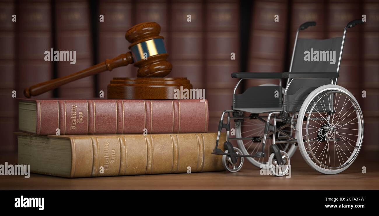 Disability law and social services for disabled people concept. Wheelchair and gavel. 3d illustration. Stock Photo