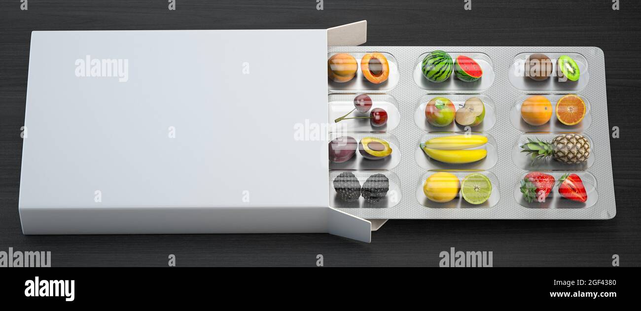 Multivitamins and dietary natural supplements for a healthy diet. Fruits in pills on blister pack. 3d illustration. Stock Photo