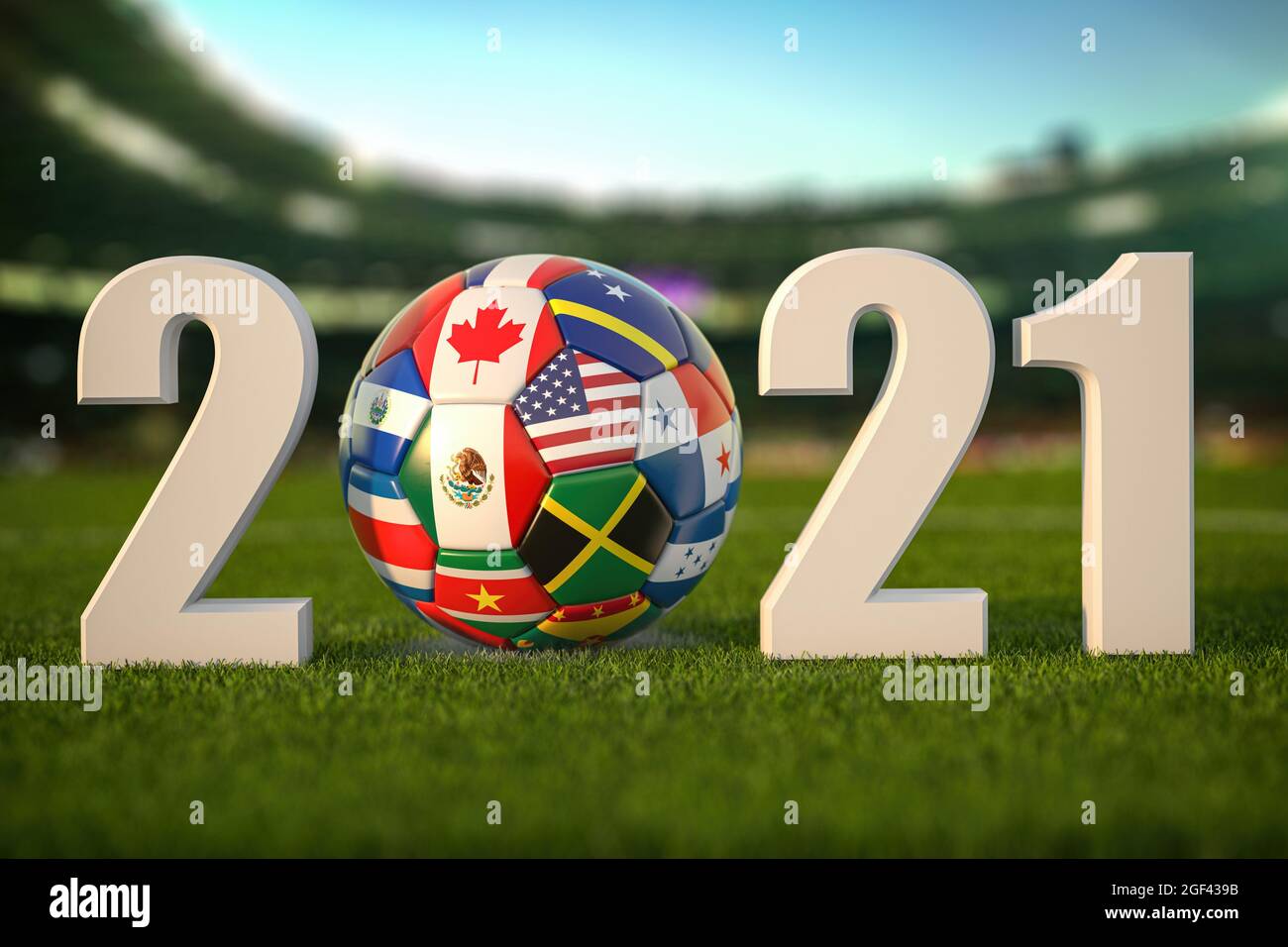 2021 with Soccer Football ball and flags of North America countries on grass of football stadium. North America concacaf championship 2021. 3d Stock Photo