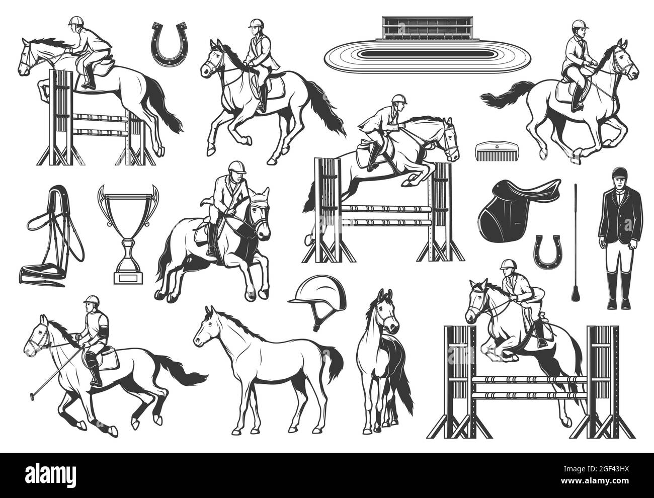 Equestrian sport, horse racing and show jumping. Jockey riding stallion, jumping obstacles and racing on hippodrome, polo player, saddle and whip, har Stock Vector