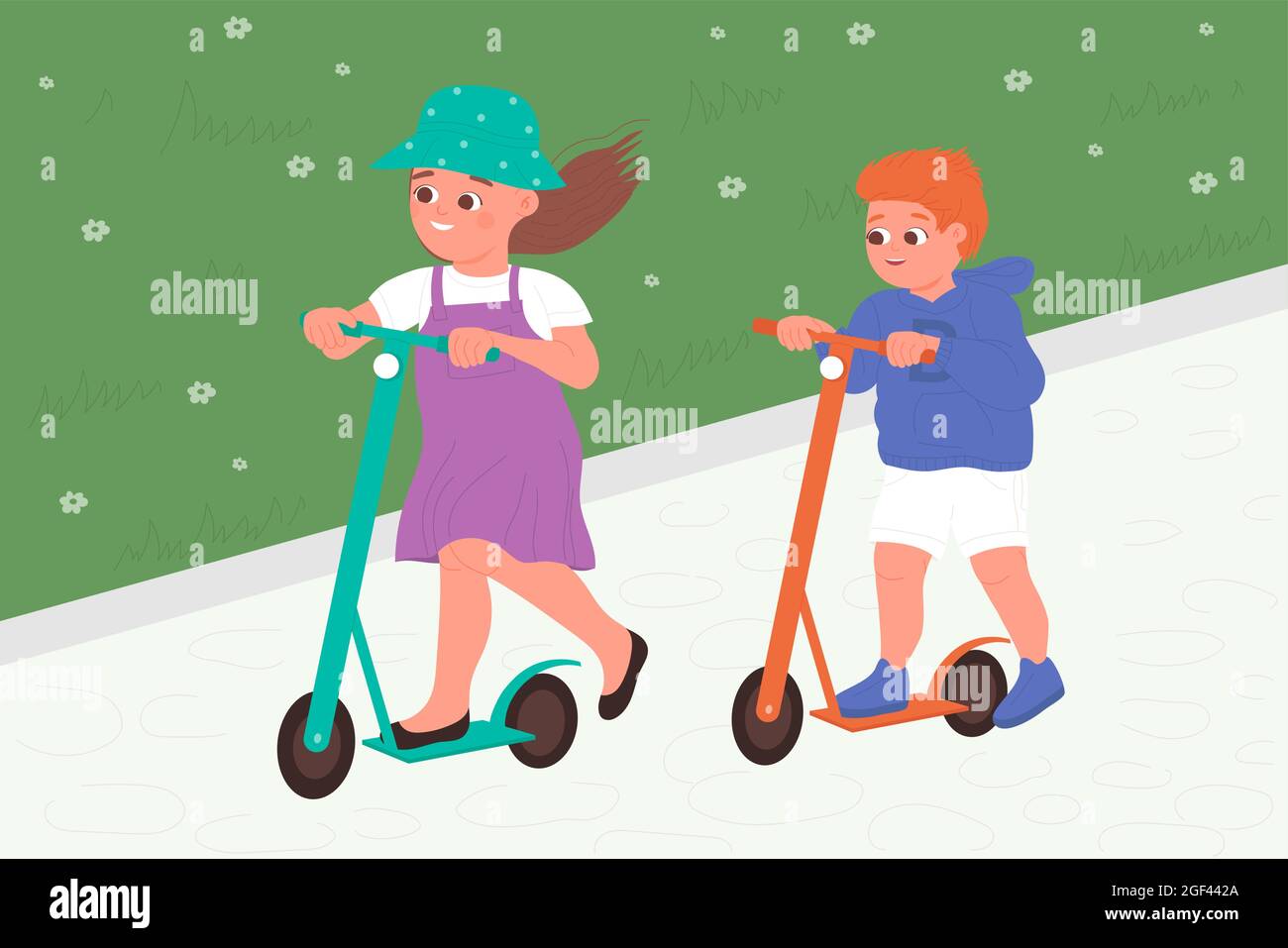 hage vision at retfærdiggøre Kids play in park, ride kick scooters vector illustration. Cartoon little  boy and girl child friends playing together on sidewalk, active children  riding scooters, fun sport activity background Stock Vector Image &