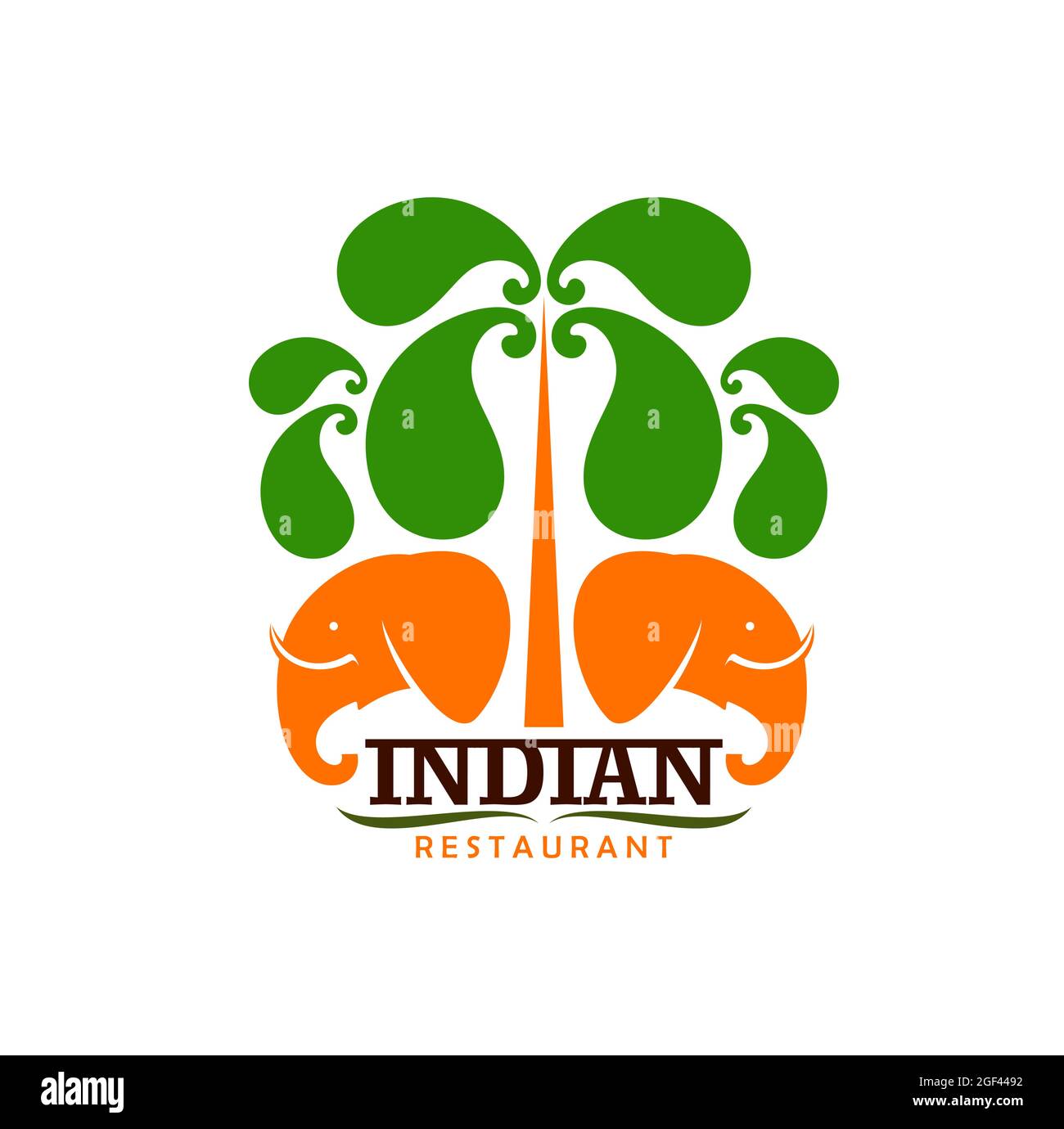 Indian restaurant vector icon with heads of orange elephant and green leaves of palm tree. Spice food of Asia, Indian cuisine ethnic restaurant, vegan Stock Vector