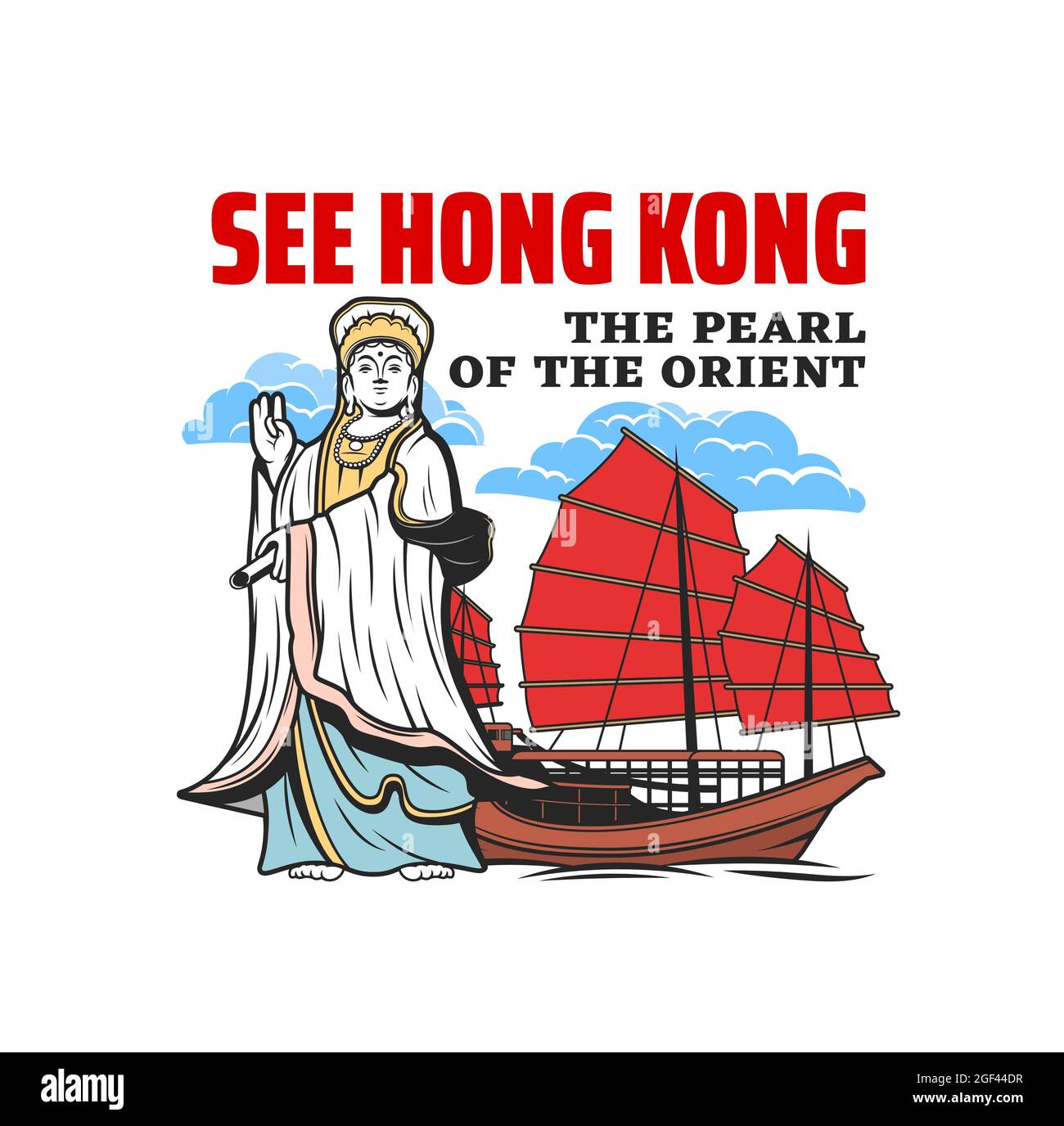 Kuan Yin goddess and junk boat with red sails, Hong Kong vector icon. Chinese sailing ship of Hong Kong harbour and statue of Tin Hau Temple on Repuls Stock Vector