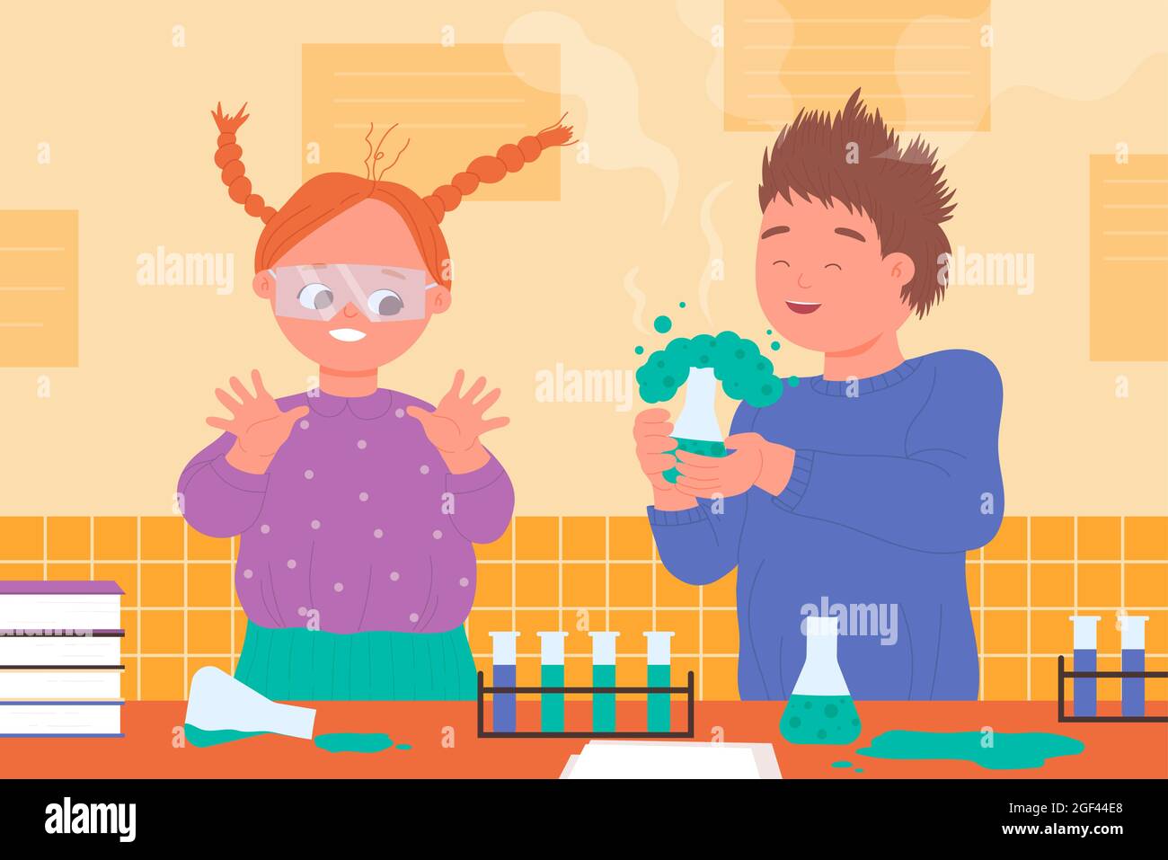 Kids scientists study chemistry, chemical experiment in science laboratory vector illustration. Cartoon little boy and girl child friends characters research, chemist students children have fun Stock Vector