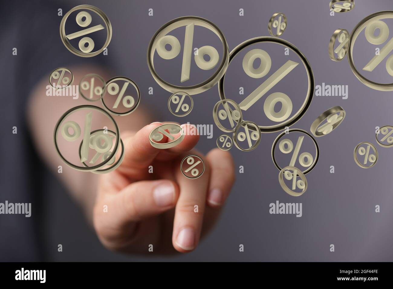 Hand touching floating 3D rate icons Stock Photo