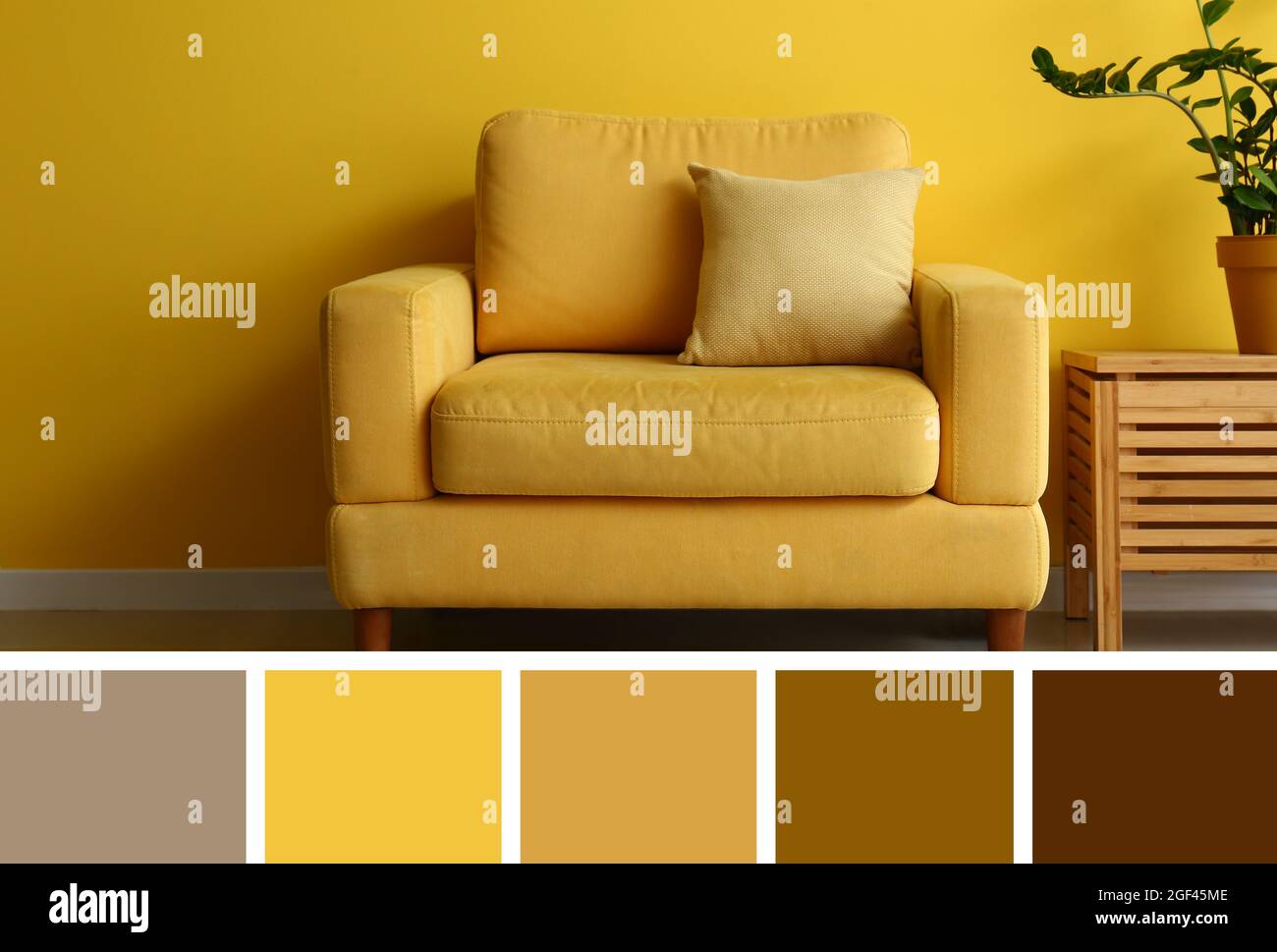 Color Cozzy Yellow Cozy armchair near yellow wall. Different color patterns Stock Photo ...