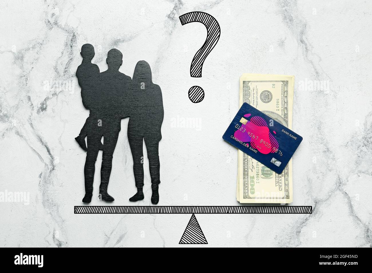 Dollar banknote with credit card and figure of family on scales against