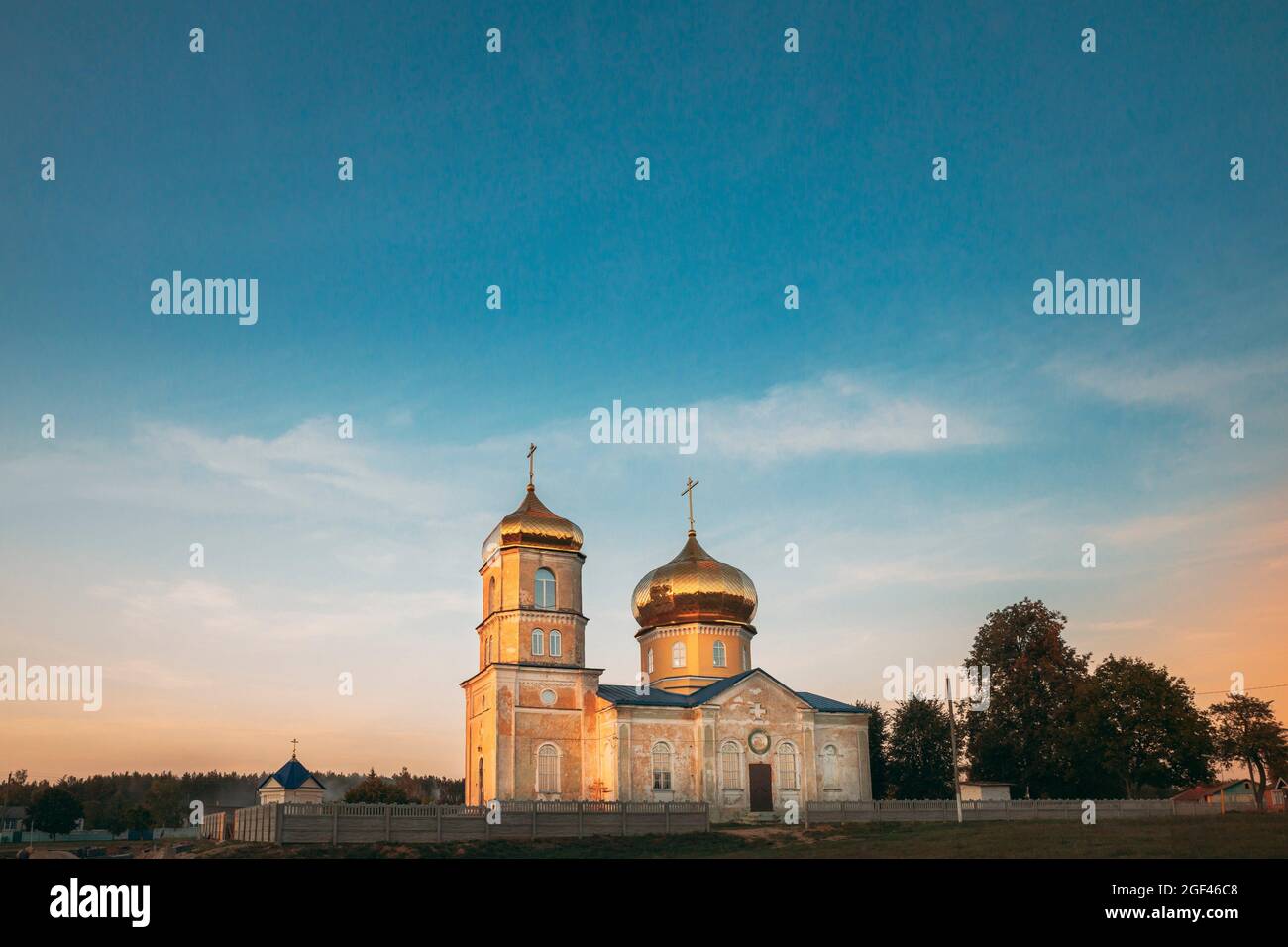 Cheretyanka, Gomel Region, Belarus. Dormition Of Theotokos Church At Sunset Or Sunrise Time. Stock Photo