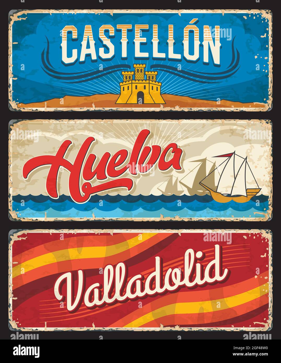 Castellon, Huelva and Valladolid Spanish provinces tin signs. Spain regions shabby plates with flag colors, sailboat sailing in sea and coat of arms c Stock Vector