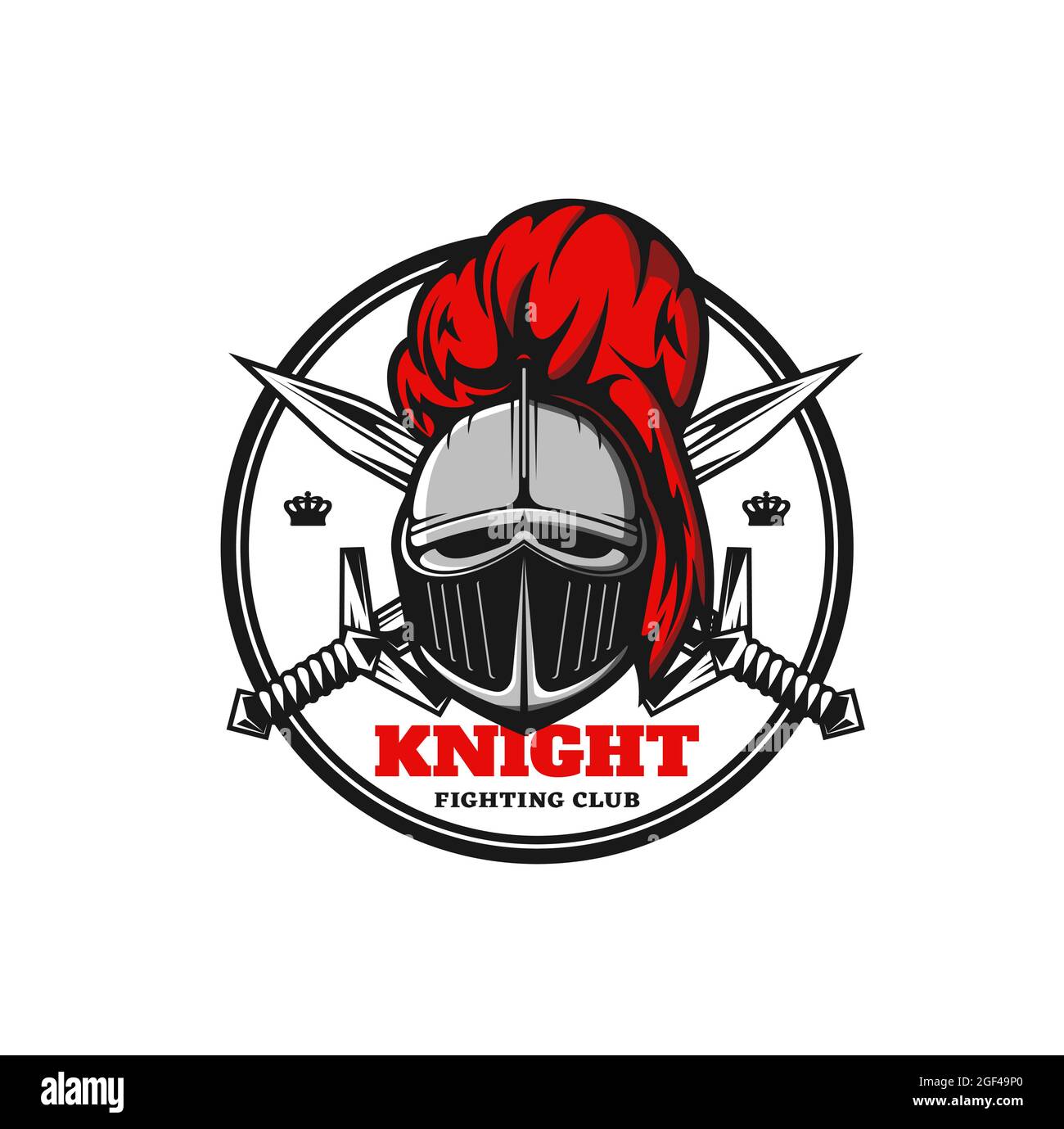 Medieval knight icon, vector emblem with warrior helmet and crossed swords. Heraldic royal paladin with closed visor and red plumage, ancient soldier Stock Vector