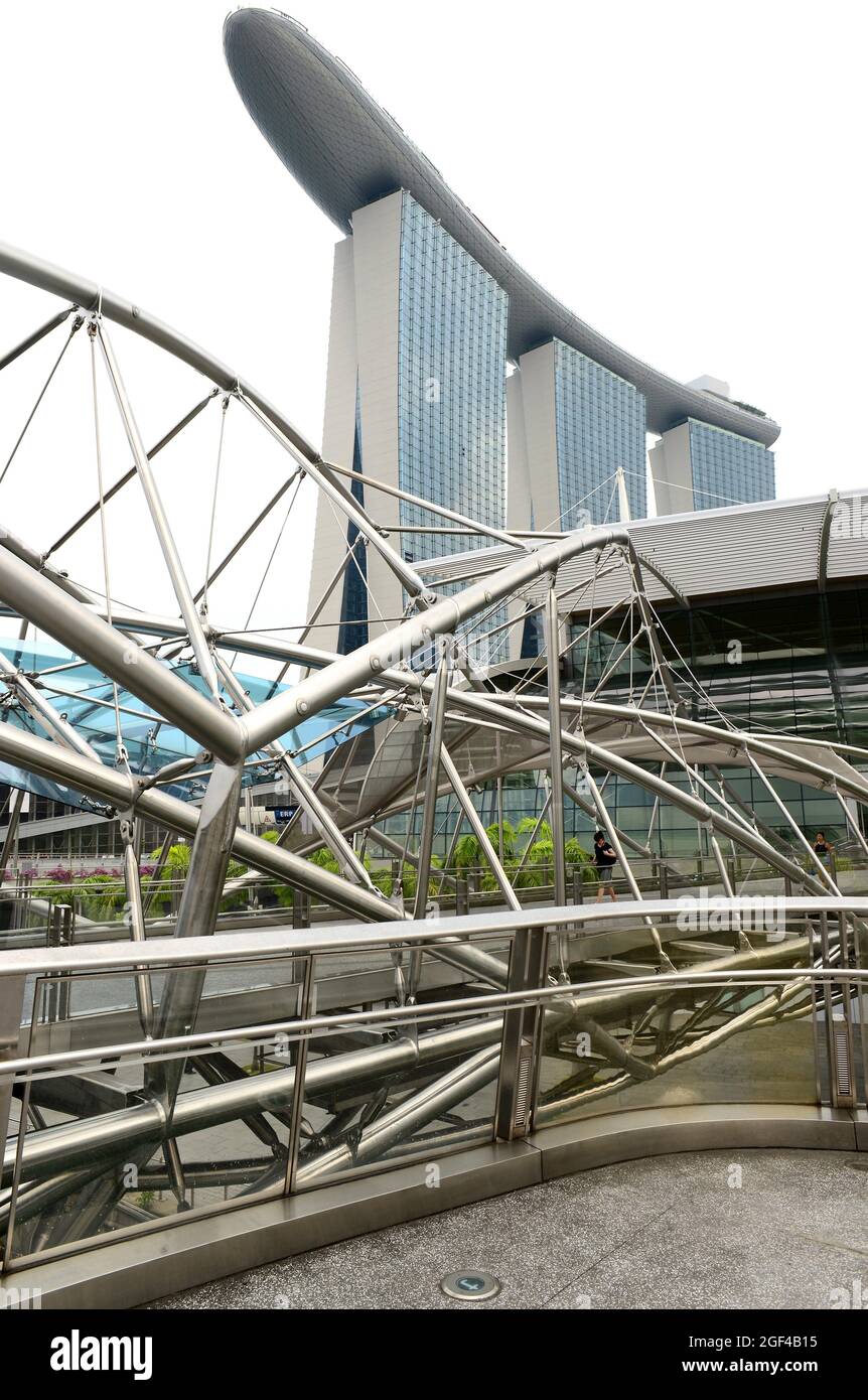 Singapore, Marina Bay Sands Hotel seen from Helix Bridge. Stock Photo