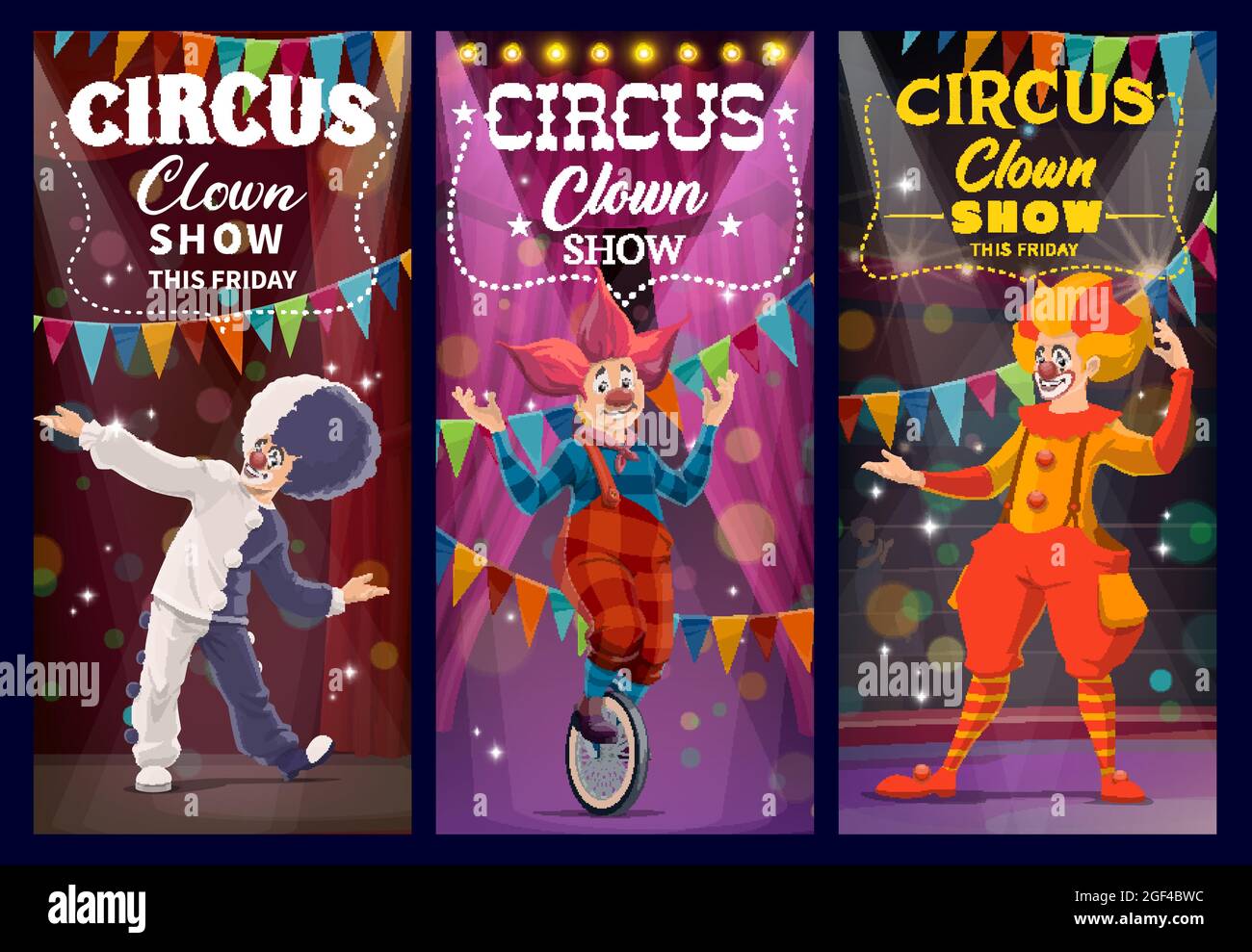 Shapito circus clowns and harlequin characters, funfair carnival ...