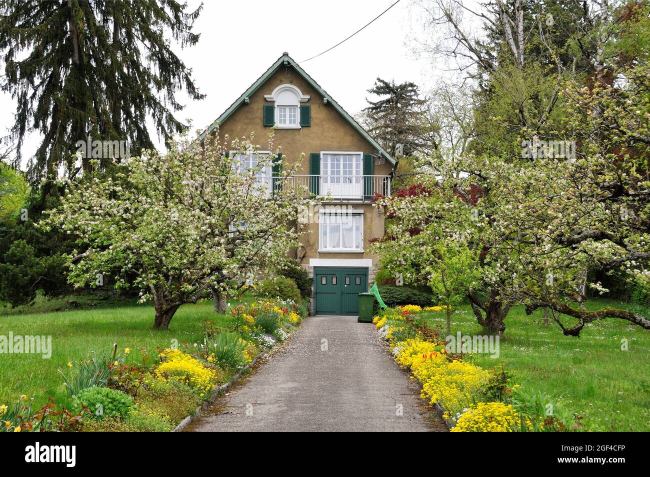 Traditional house with garden in spring, Petit Saconnex, Geneva, Romandie Suisse, Switzerland, Europe Stock Photo