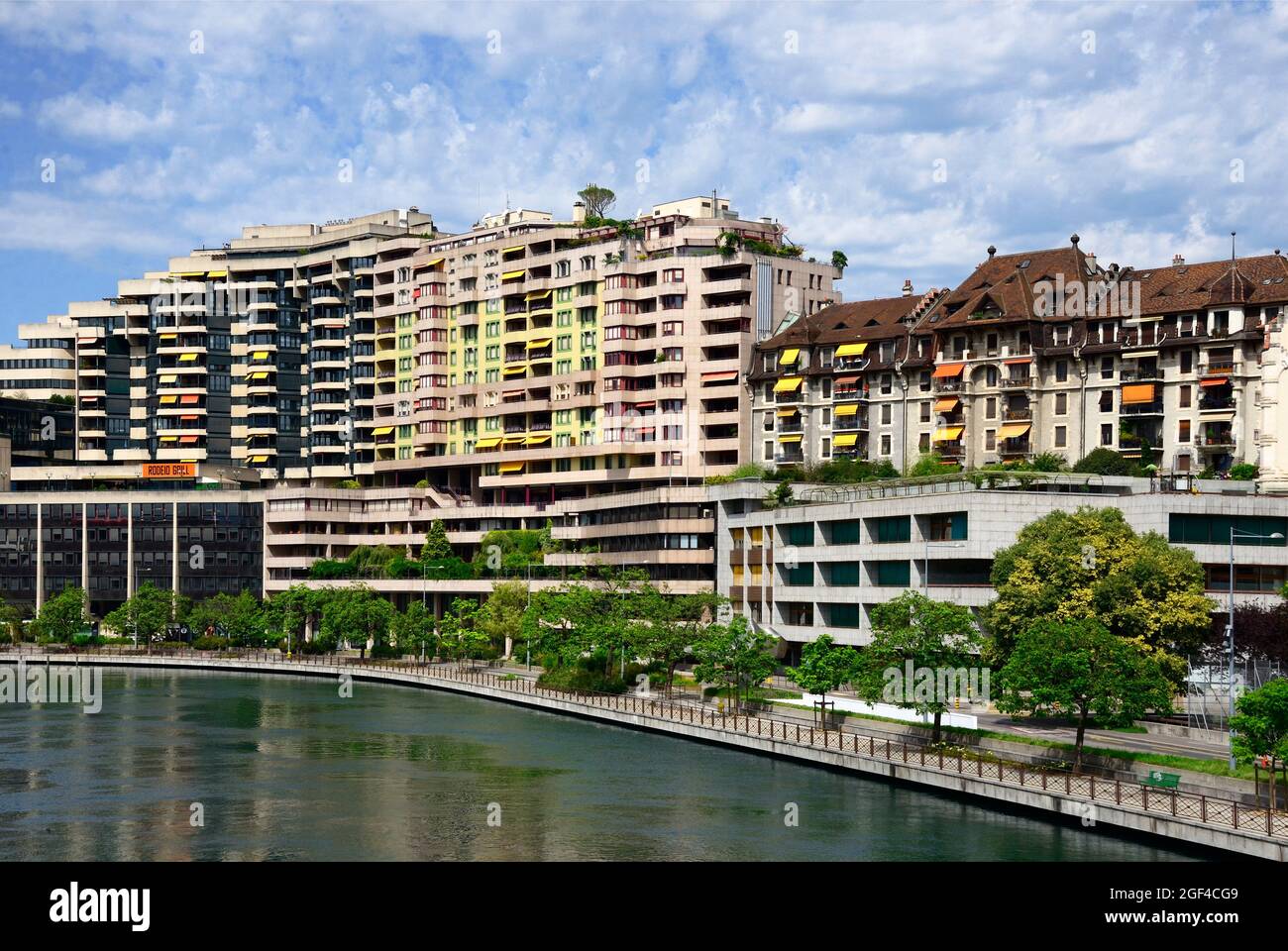 Riverfront Residential buildings along Quai du Seujet, Rhone river, Geneva, Switzerland, Europe Stock Photo