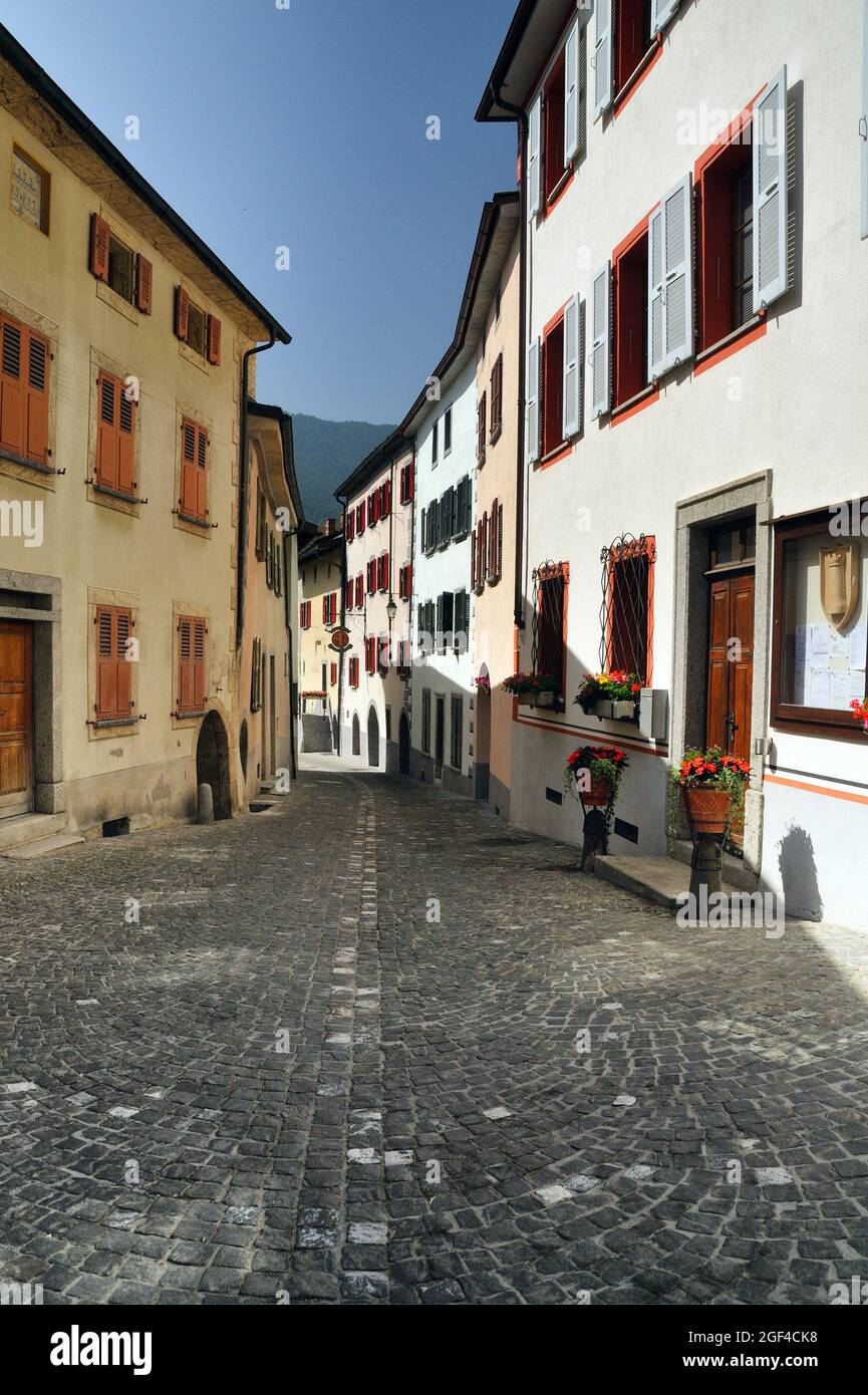 Quiet street of Saillon, Martigny district, Bernese alps, Rhone Valley, canton Valais, Wallis canton, Switzerland, Europe Stock Photo