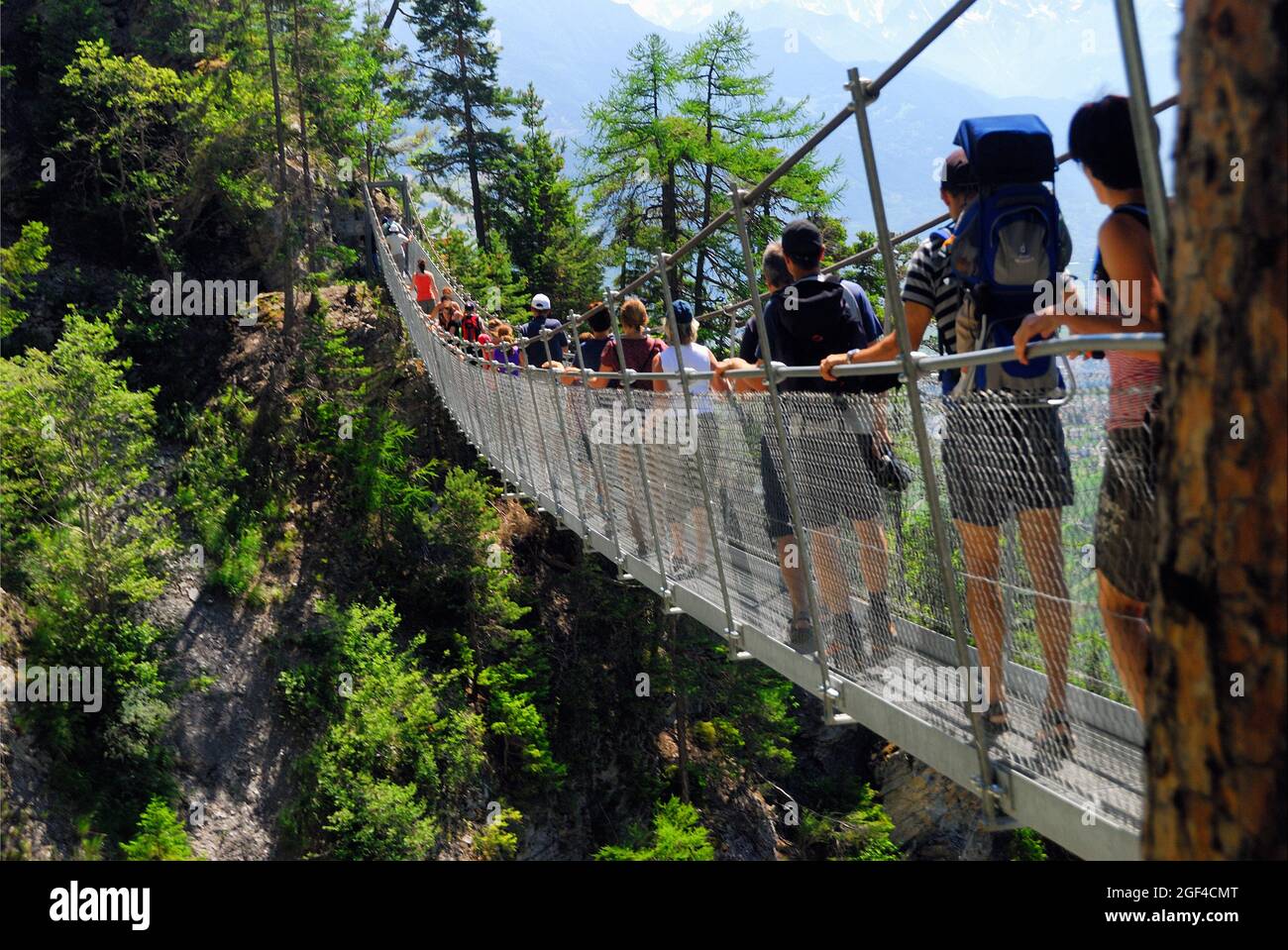 Bisse du Torrent Neuf, Bisse de Savièse, suspension bridge in Bernese Alps, Valais canton , Wallis canton, Switzerland, Europe Stock Photo
