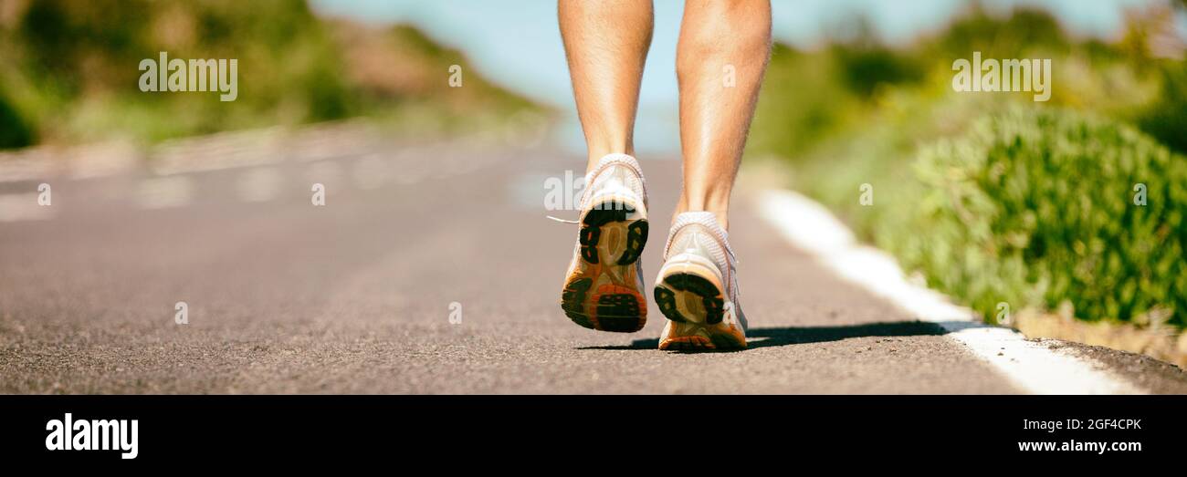 Fit run runner man jogging feet closeup running shoes banner panorama ...