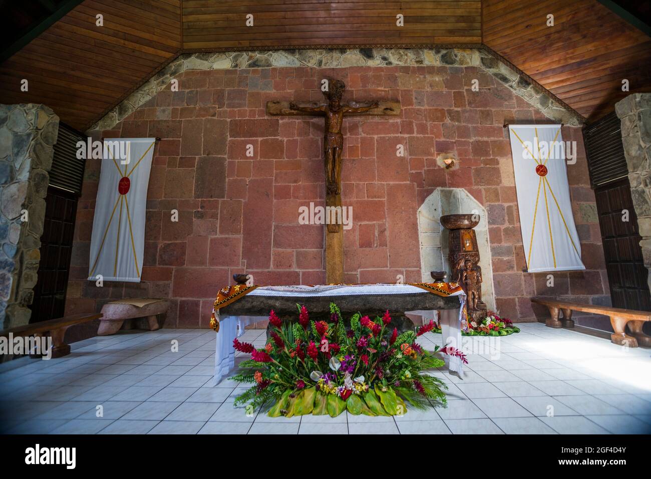 Altar. Interior of Notre Dame Cathedral of Taiohae (Cathédrale Notre