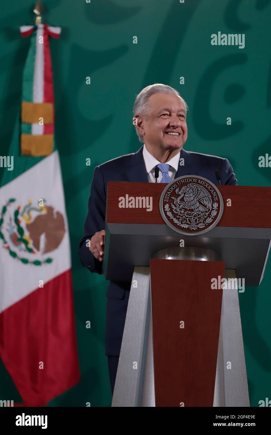 Mexico City 23 Aug, 2021 The president of Mexico Andres Manuel Lopez Obrador in his daily morning press conference known as 'las mañaneras' at the Nat Stock Photo