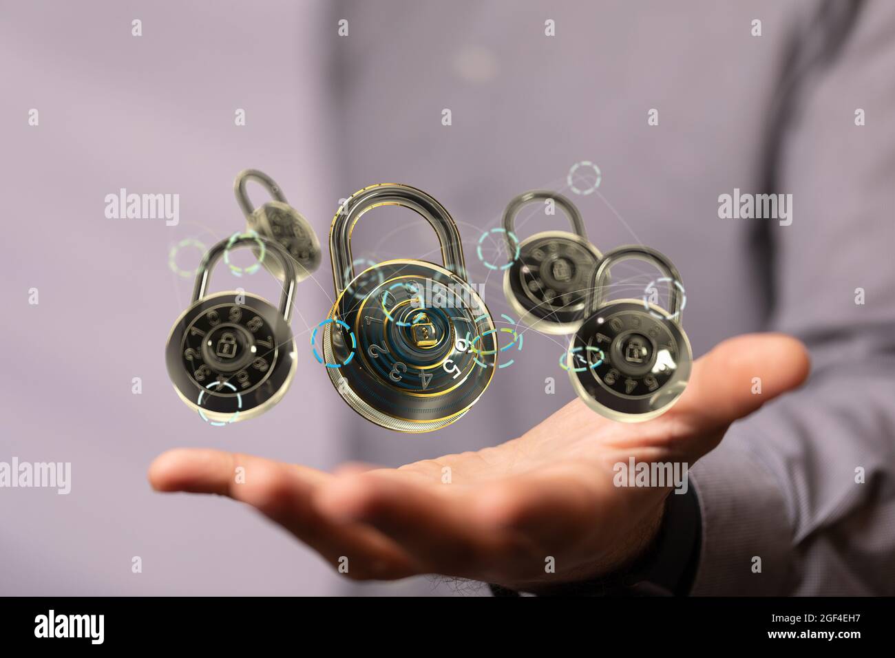 Man holding the virtual 3D padlock icons symbolizing data security Stock Photo