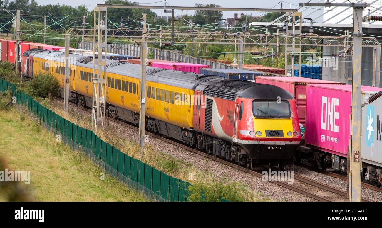 Class 43 HST 43290 on a Network Rail test train, passing DIRFT Stock