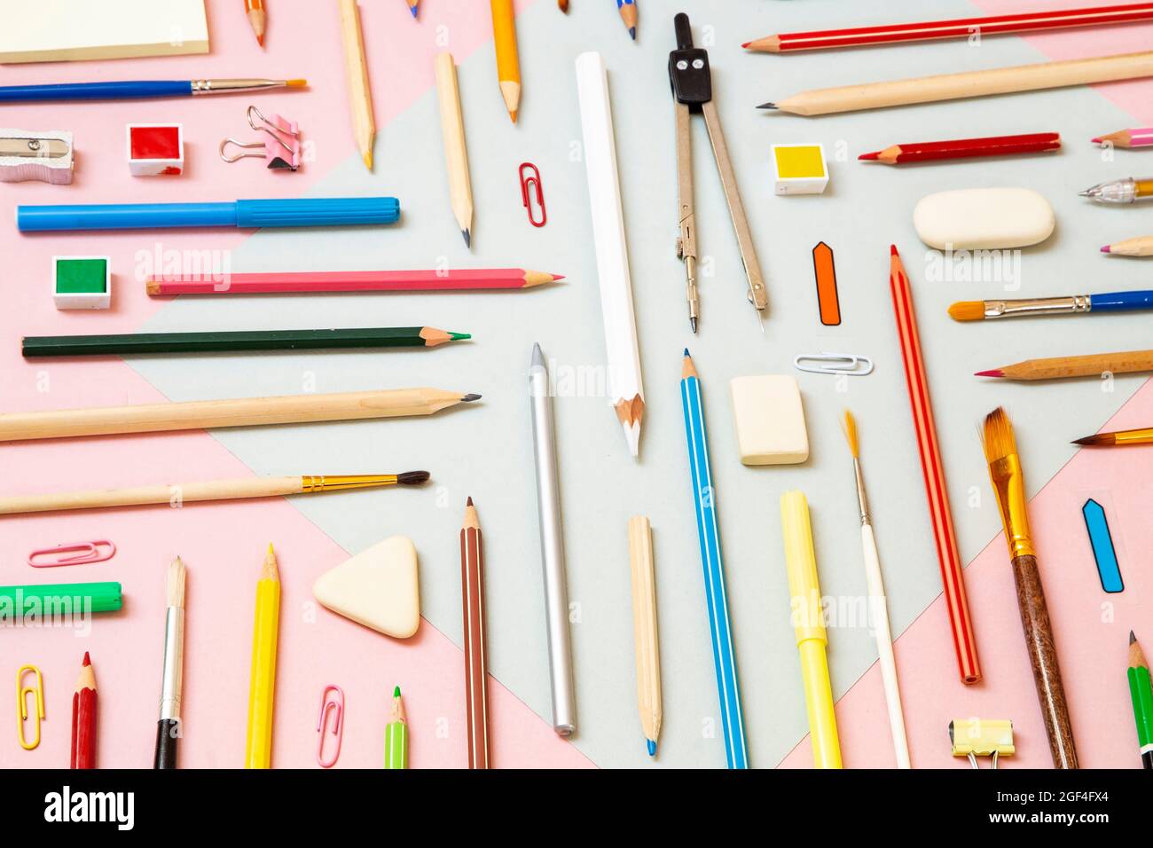 School supplies on pink background Stock Photo