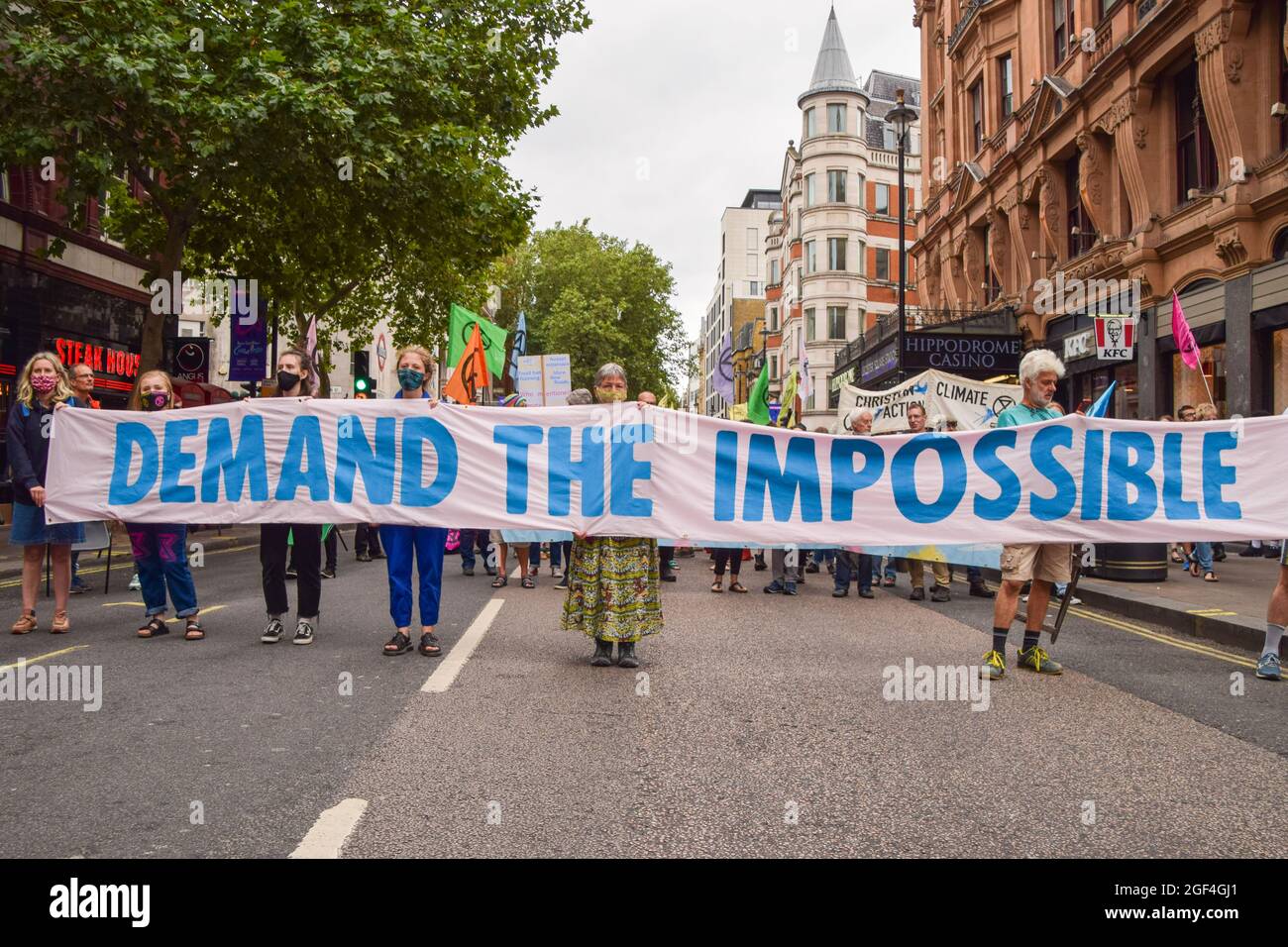 London, United Kingdom. 23rd August 2021. Extinction Rebellion protesters in Charing Cross Road at the start of their two-week campaign, Impossible Rebellion. (Credit: Vuk Valcic / Alamy Live News) Stock Photo