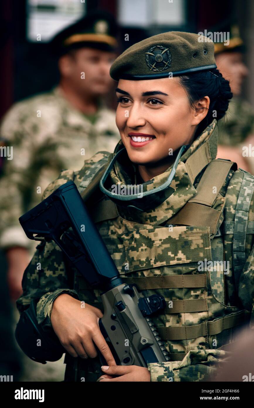 Kyiv, Ukraine - August 20, 2021: Rehearsal of the military parade on occasion of 30 years Independence Day of Ukraine. Ukrainian female soldier Stock Photo