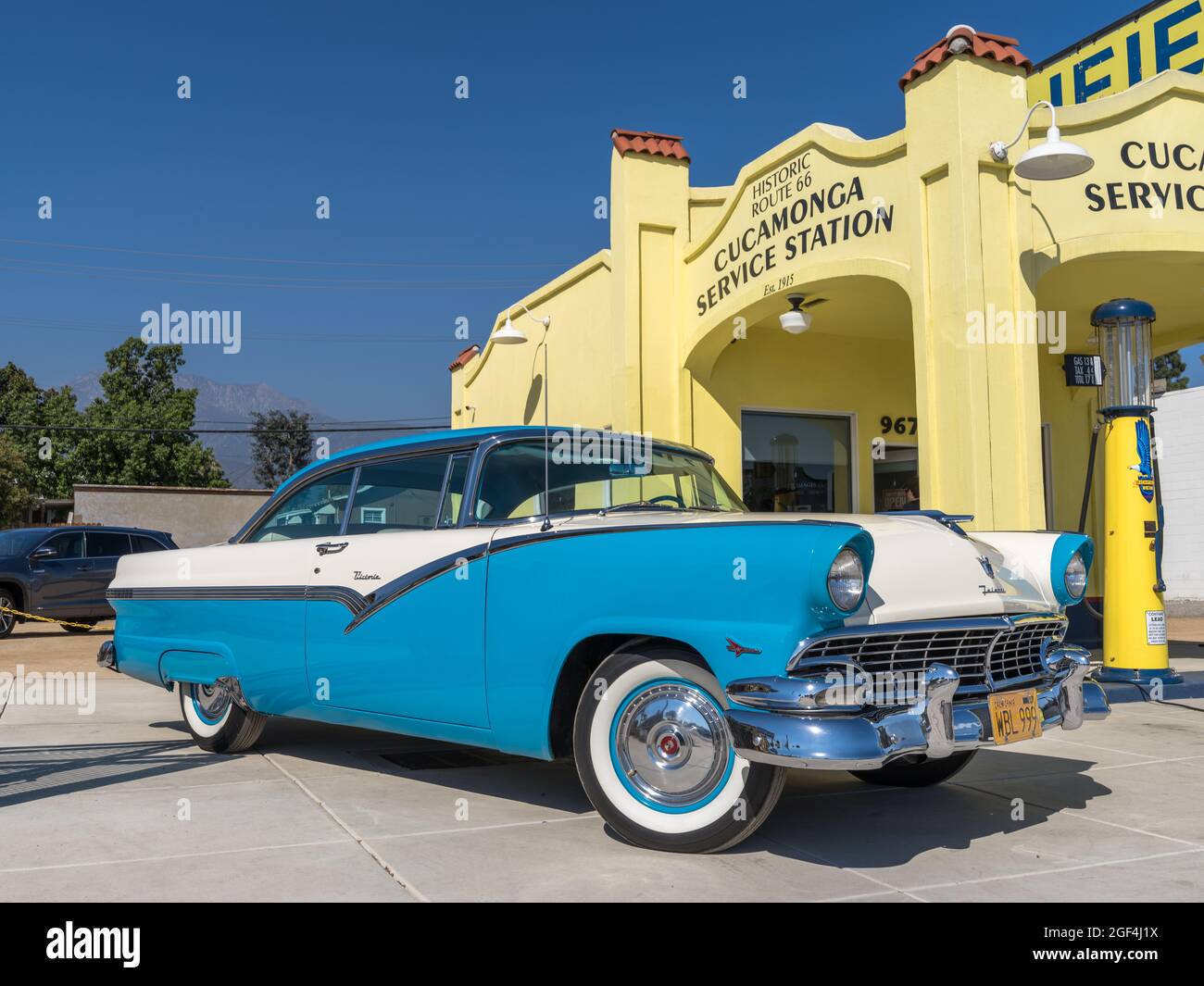 Rancho Cucamonga, USA - Oct 1, 2017: Classic 1956 Ford 2-Door Fairlane Victoria in Bermuda Blue and Colonial White on exhibit at Cucamonga Service Sta Stock Photo