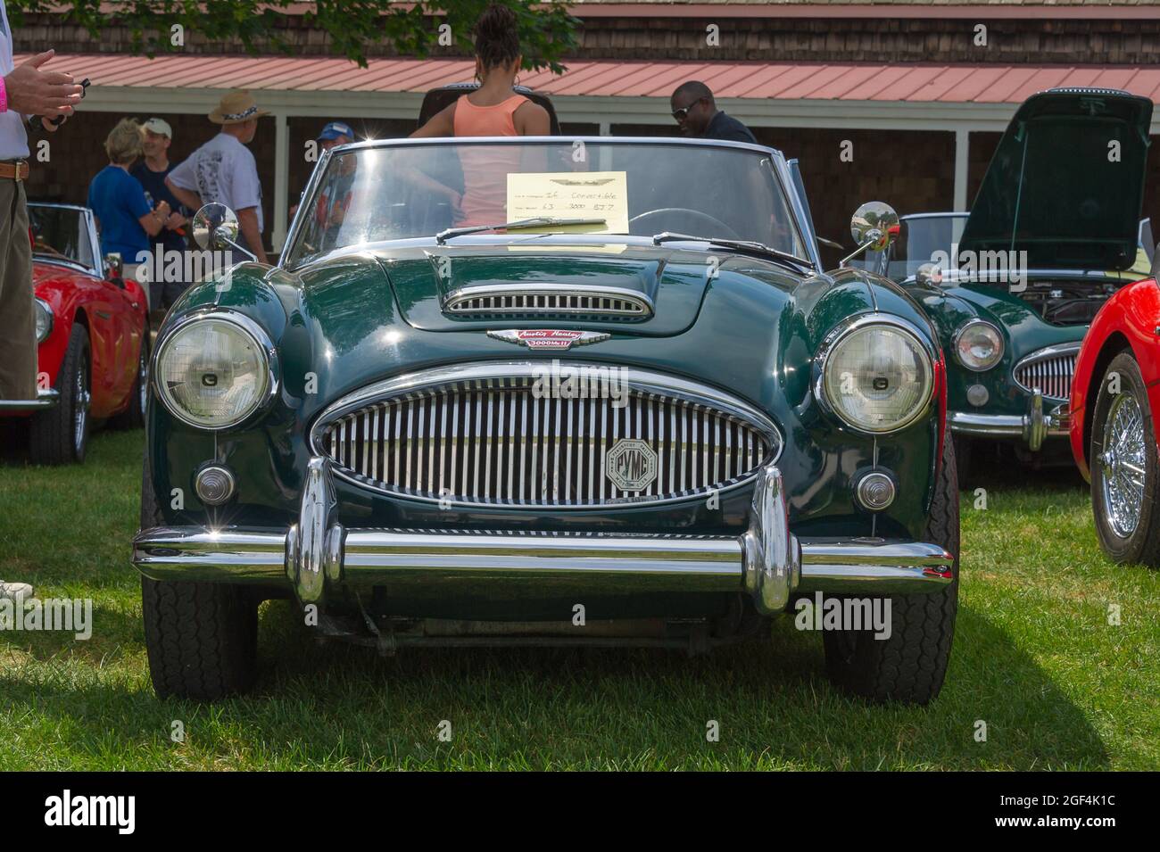 Mystic, CT USA / July 23, 2011: Classic green1963 Austin Healey 3000 Mk II sports car on display at summer British Car Show in New England. Stock Photo