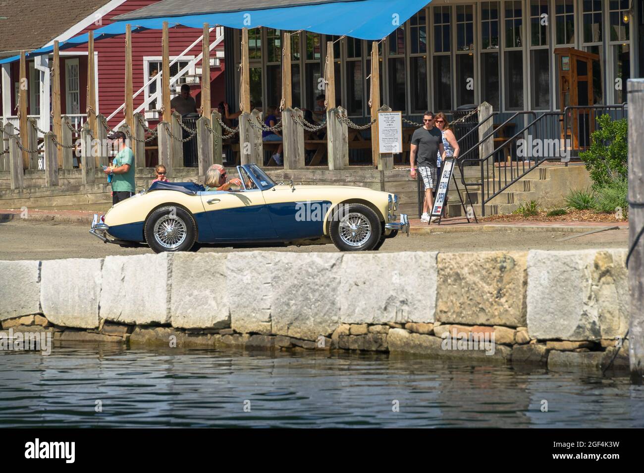 Mystic, CT USA / July 23, 2011: Classic Cream Over Blue Austin Healey 3000 Mk II convertible sports car at waterside British Car Show in New England. Stock Photo