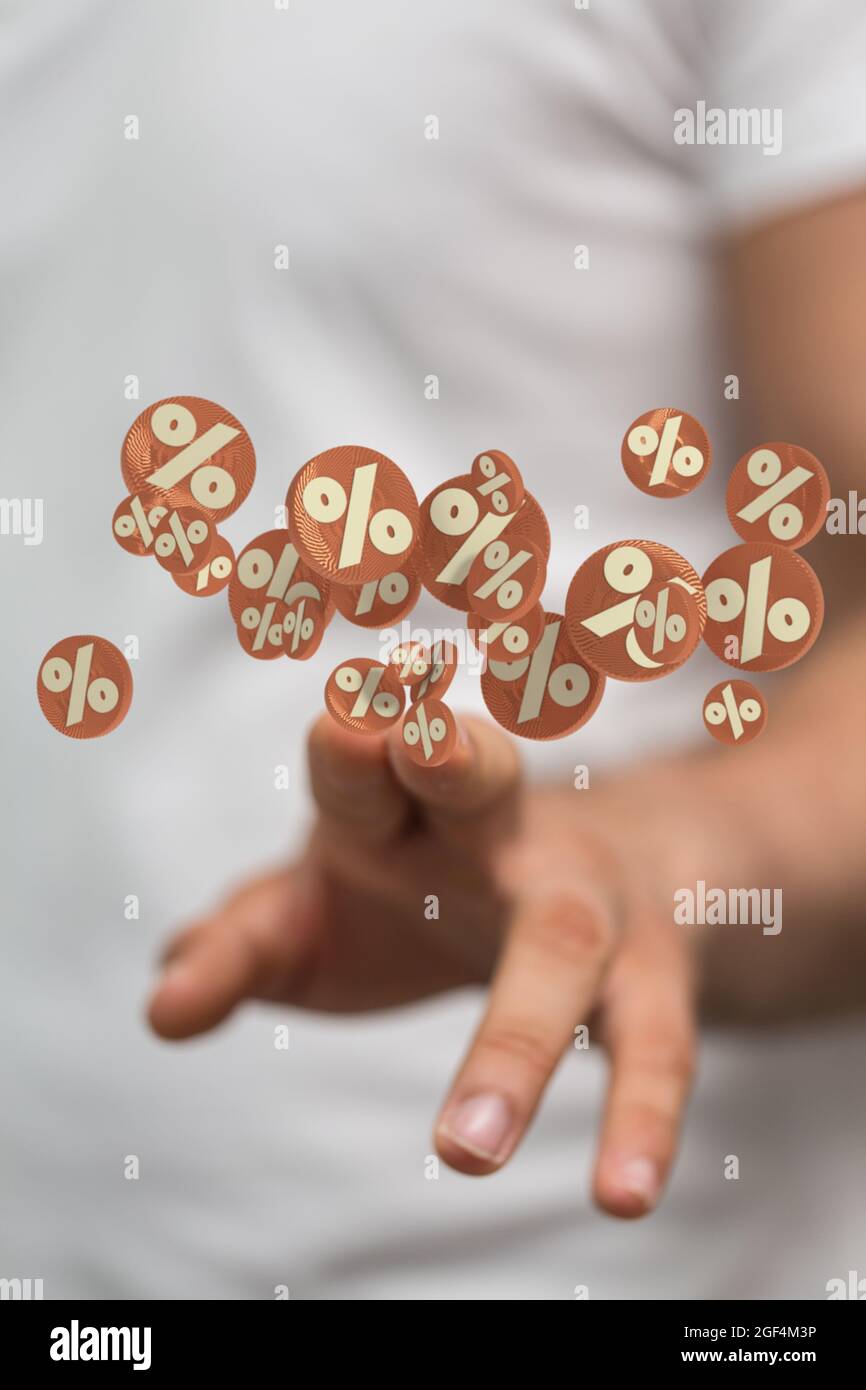 Person presenting 3D render of sales and percentage icons Stock Photo ...