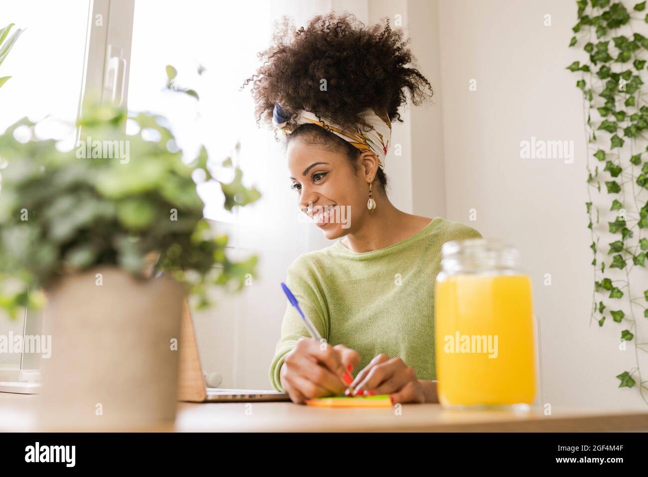 Smiling female freelancer writing on adhesive note while looking at laptop in home office Stock Photo