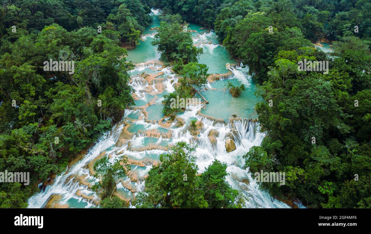 Aerial view of Agua Azul waterfalls on Xanil River Stock Photo