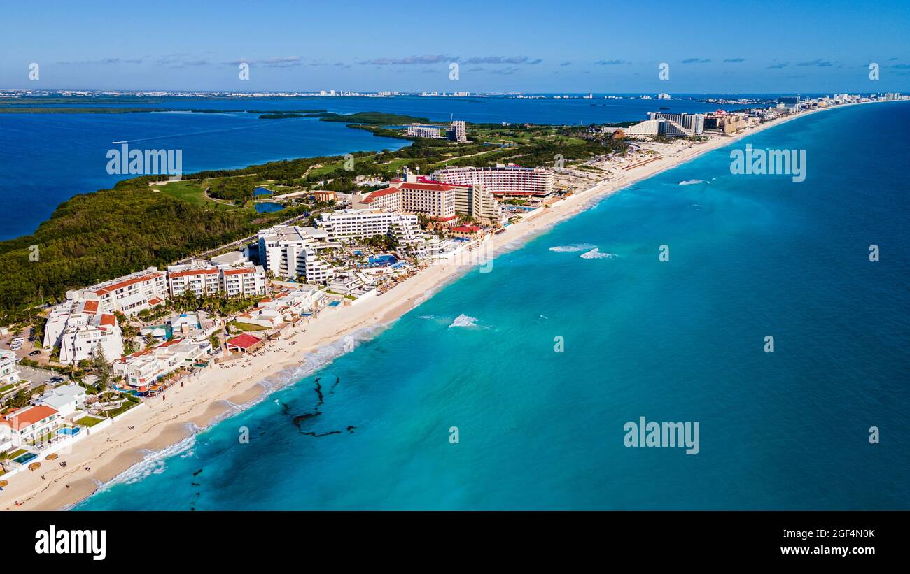 Mexico, Quintana Roo, Cancun, Aerial view of coastal city surrounded by blue waters of Caribbean Sea Stock Photo