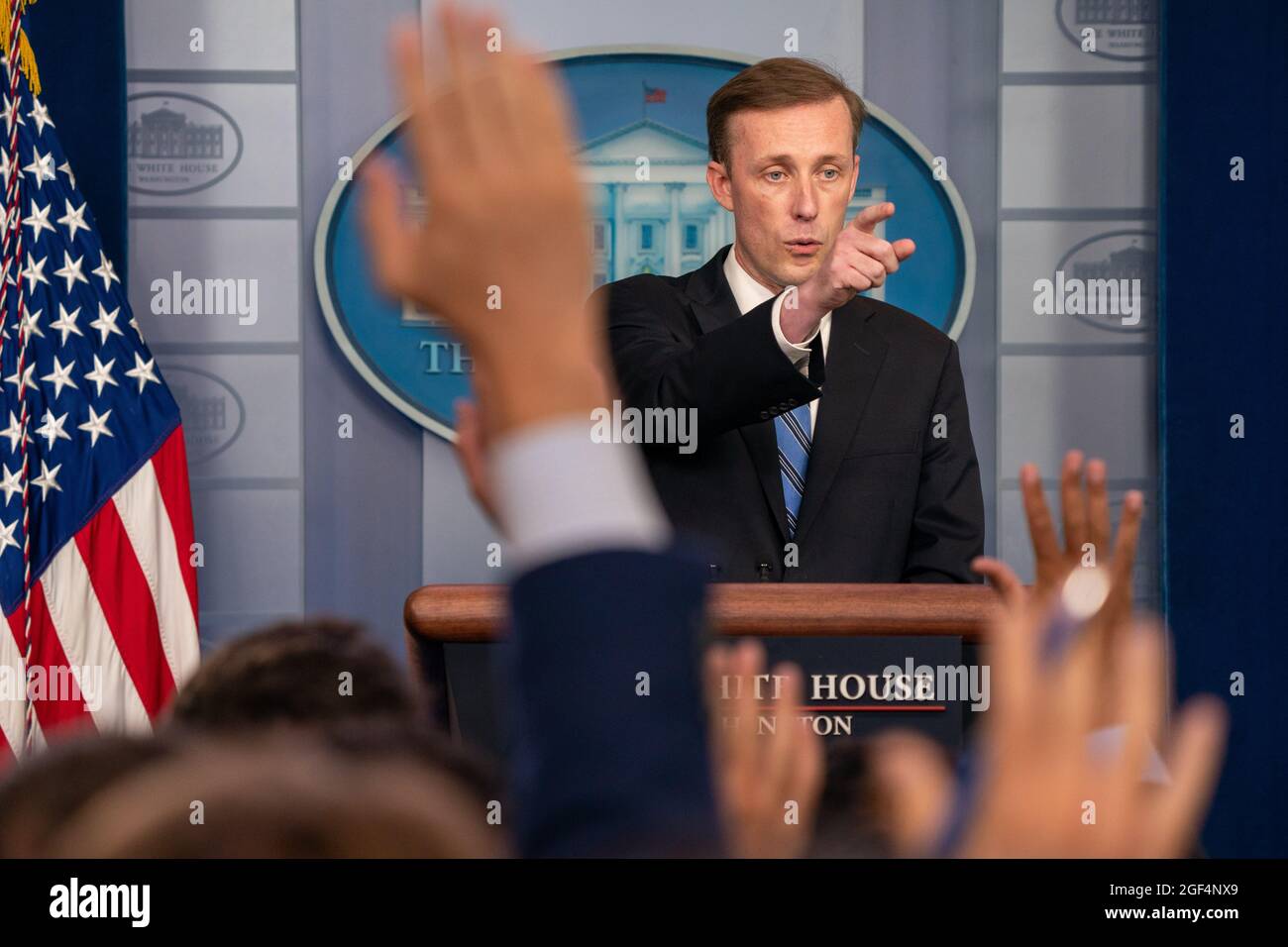 United States National Security Advisor Jake Sullivan speaks during the daily press briefing at the White House in Washington, DC on Monday, August 23, 2021.Credit: Ken Cedeno/Pool via CNP /MediaPunch Stock Photo