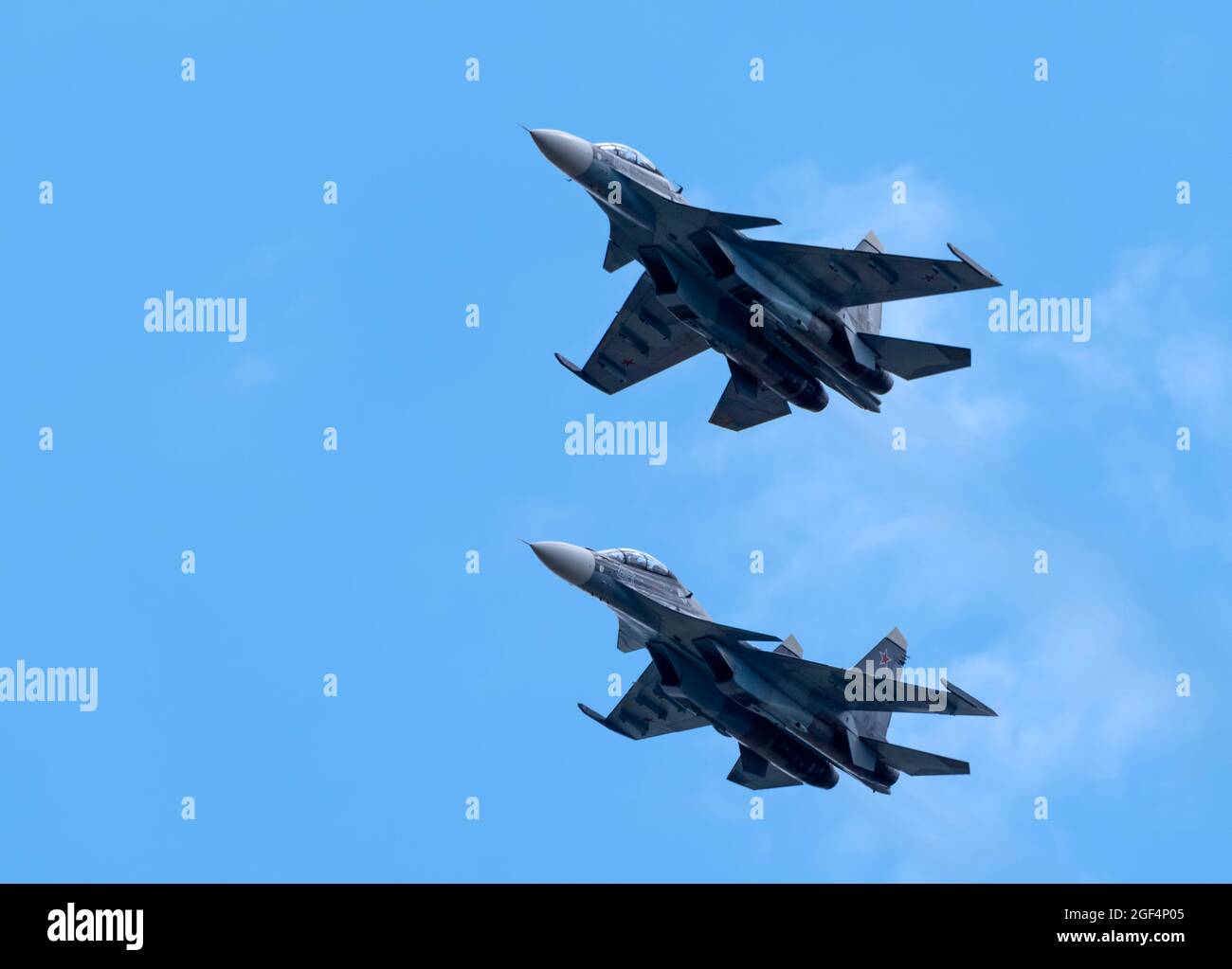 Moscow Russia Zhukovsky Airfield 25 July 2021: aerobatic Su-30 perfoming demonstration flight of the international aerospace salon MAKS-2021. Stock Photo