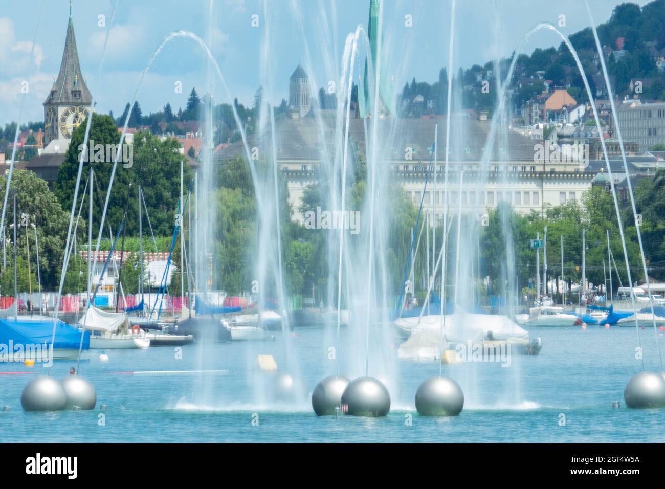 Zurich, Switzerland July 13th 2019 Water fountain in front of the