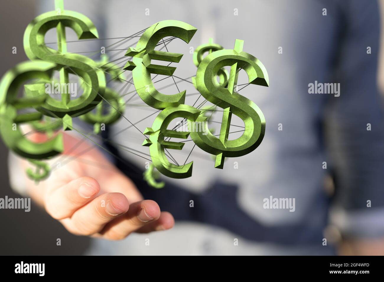Person presenting the 3D render of dollar and euro symbols Stock Photo ...
